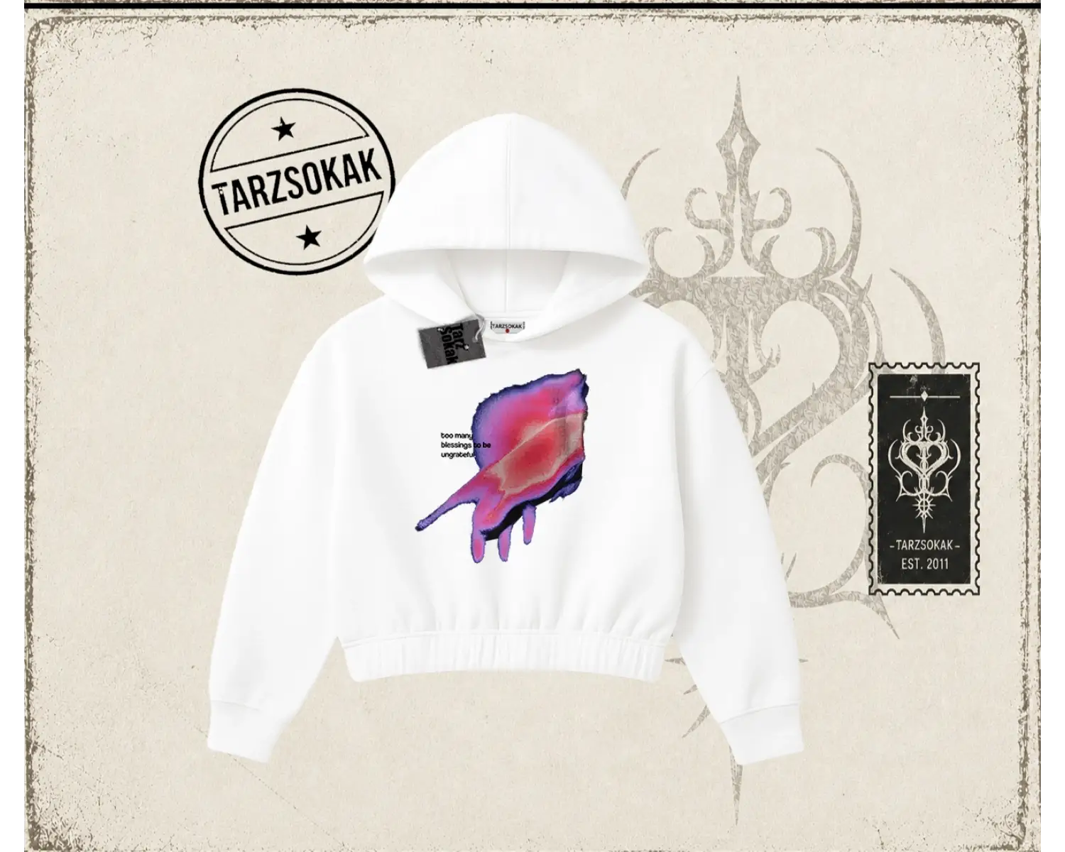 Unisex Ungrateful Kadın Crop Kapşonlu Sweatshirt Beyaz