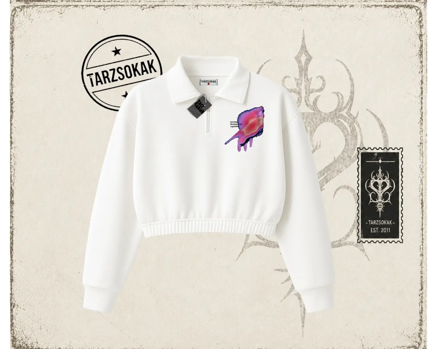 Unisex Ungrateful Kadın Crop Polo Yaka Yarım Fermuarlı Sweatshirt Beyaz