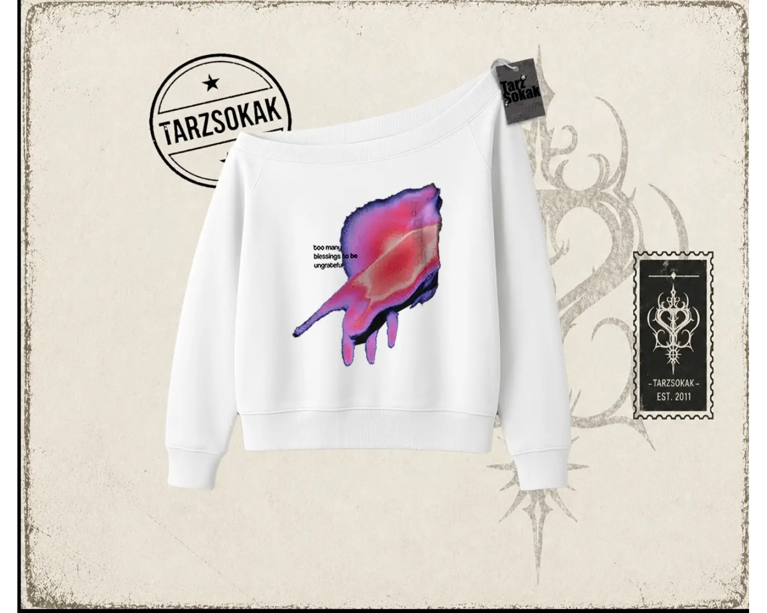 Unisex Ungrateful Kadın Kayık Yaka Sweatshirt Beyaz