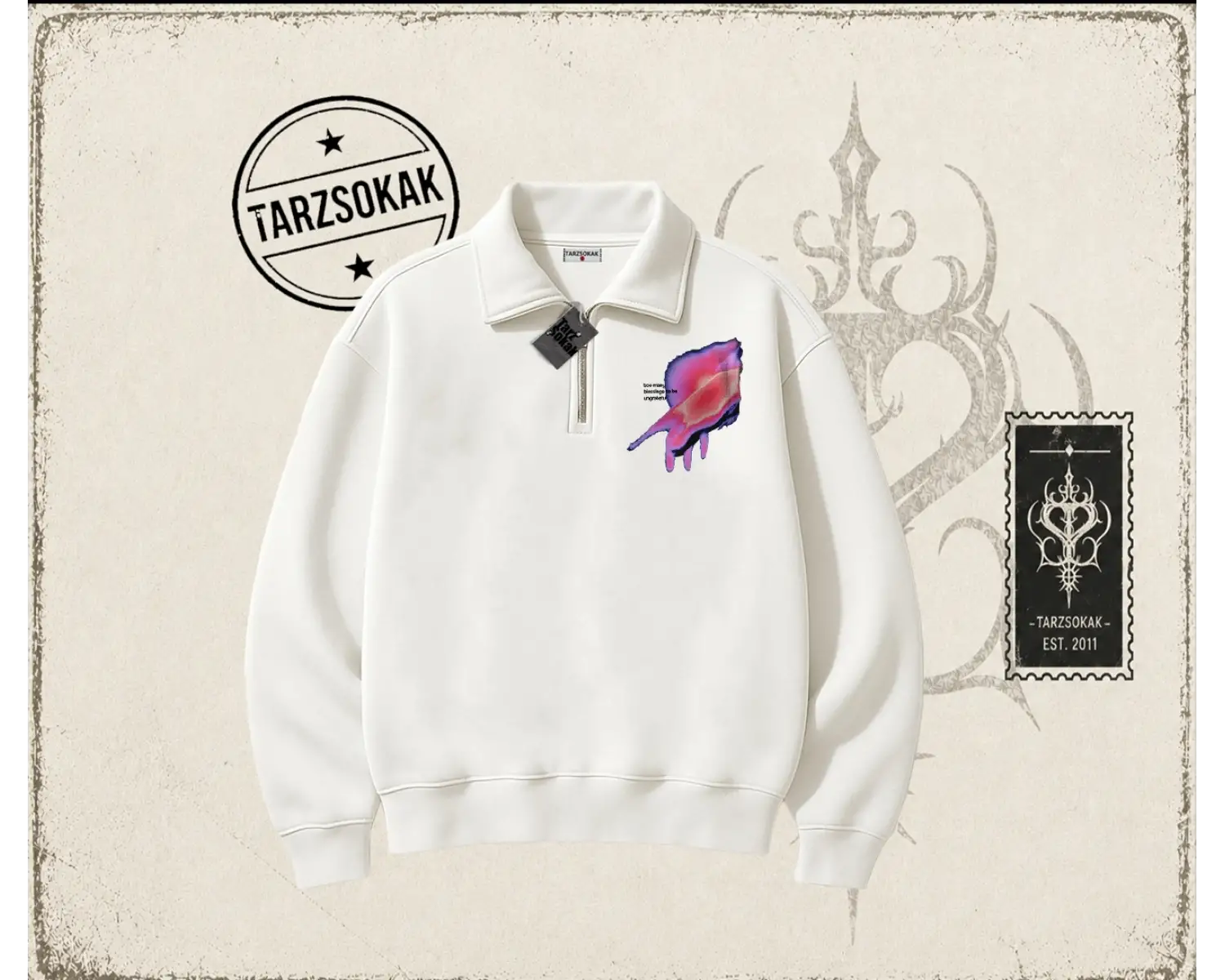 Unisex Ungrateful Unisex Polo Yaka Yarım Fermuarlı Sweatshirt Beyaz