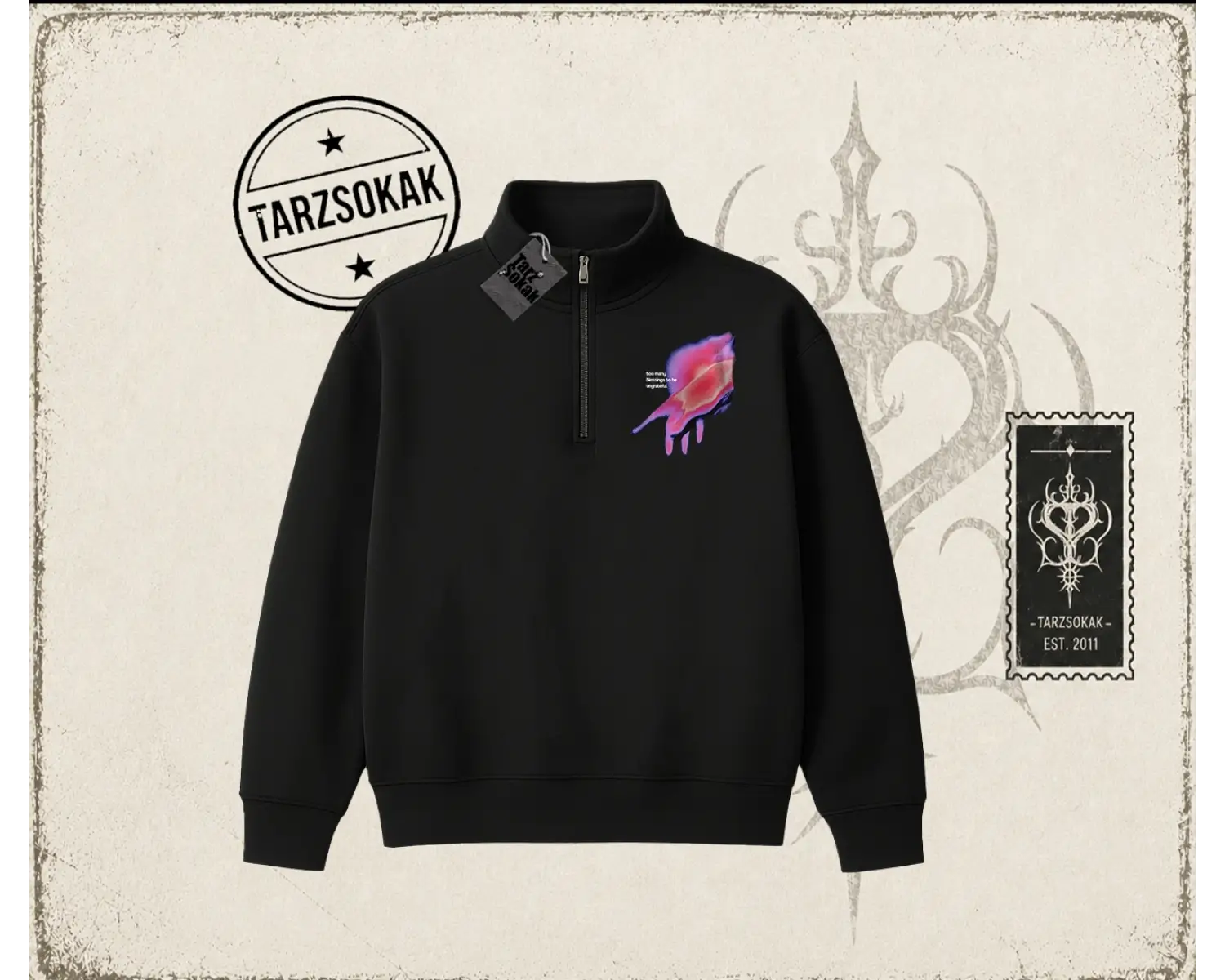 Unisex Ungrateful Unisex Polo Yaka Yarım Fermuarlı Sweatshirt Beyaz