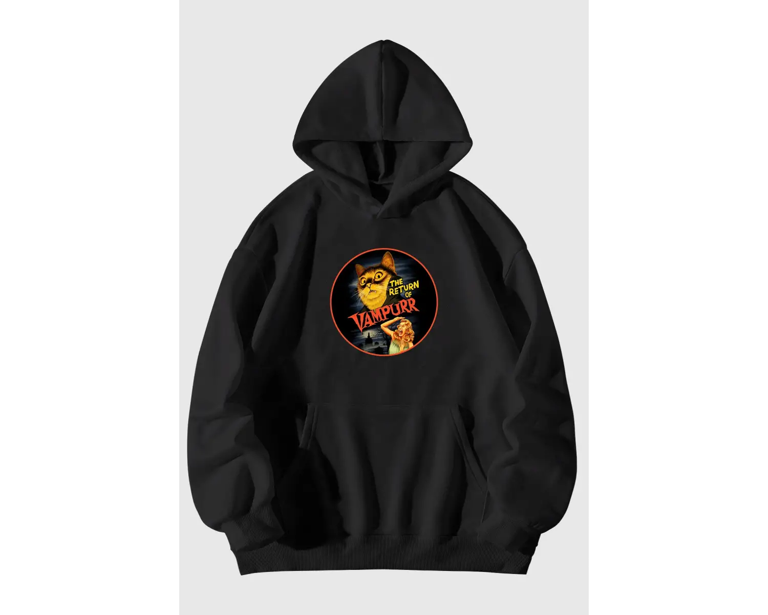 Unisex Vampur Kedi Baskılı Siyah Kanguru Cepli Kapüşonlu Sweatshirt Hoodie