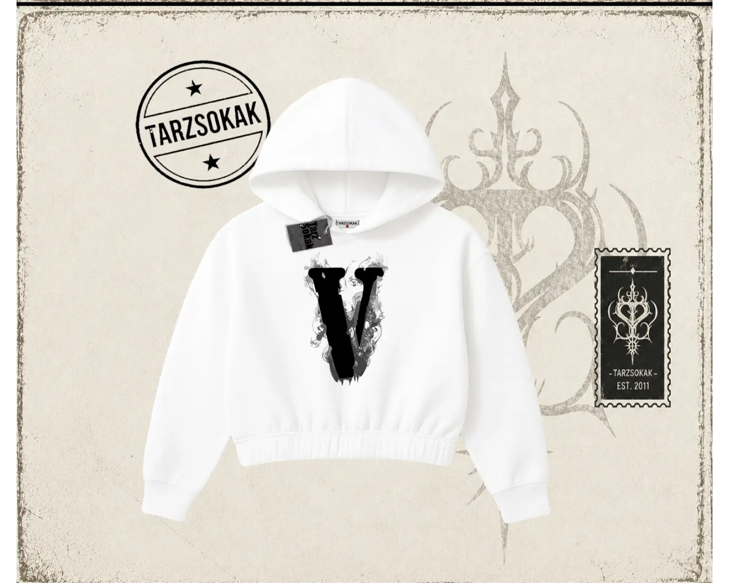 Unisex Vlone Kadın Crop Kapşonlu Sweatshirt Beyaz