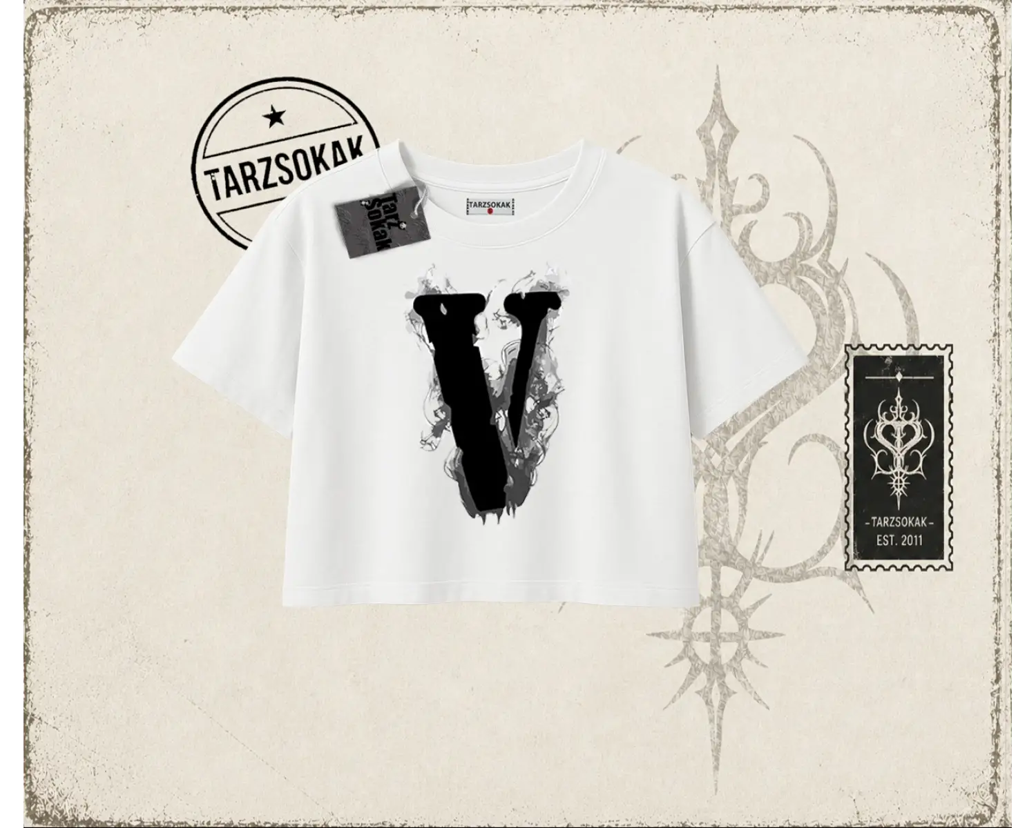 Unisex Vlone Kadın Crop Tişört Beyaz