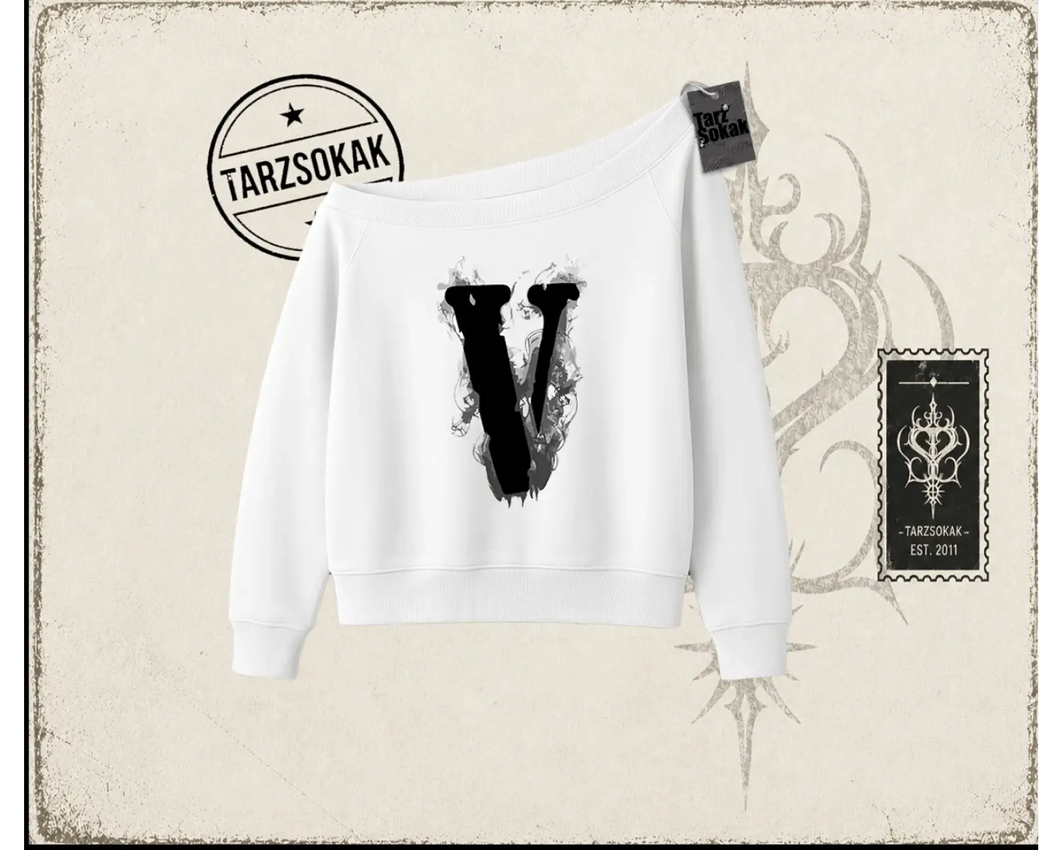 Unisex Vlone Kadın Kayık Yaka Sweatshirt Beyaz