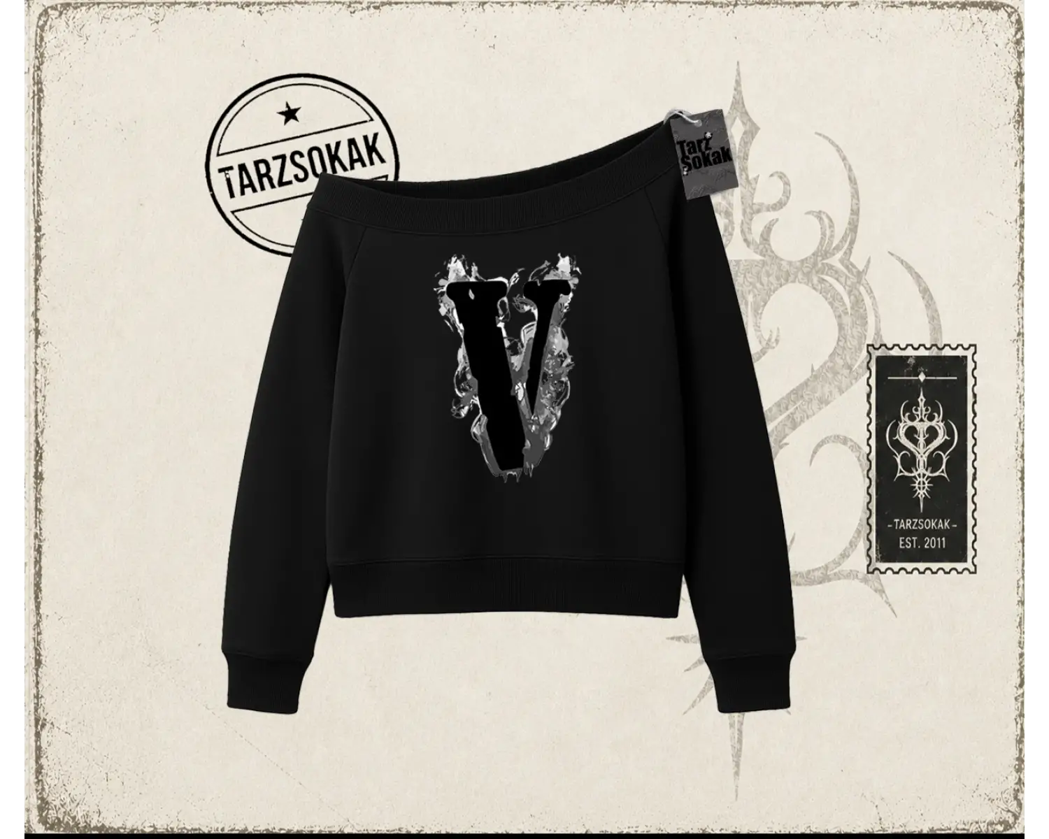 Unisex Vlone Kadın Kayık Yaka Sweatshirt Beyaz