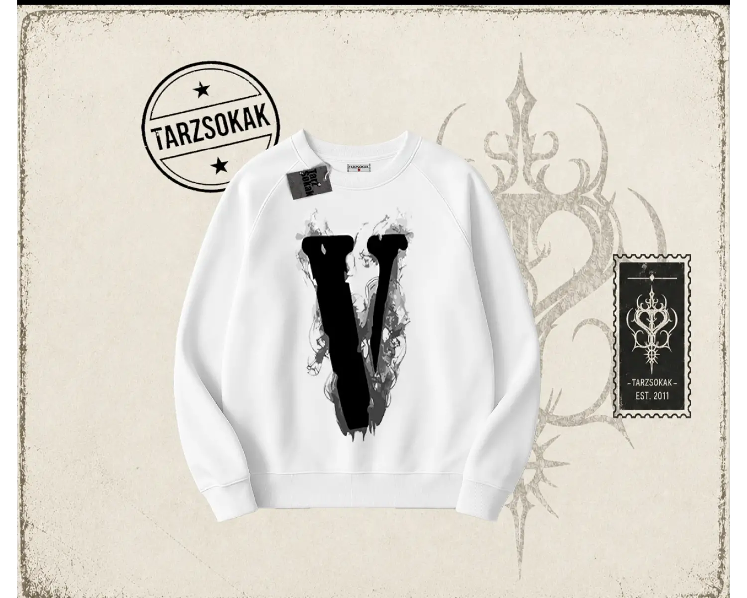 Unisex Vlone Oversize Unisex Bisiklet Yaka Sweatshirt Beyaz