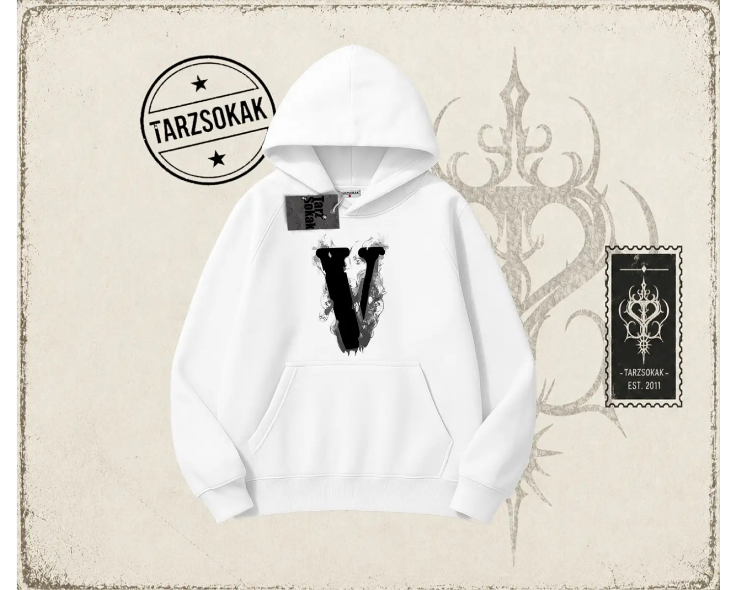 Unisex Vlone Oversize Unisex Kapşonlu Sweatshirt Beyaz