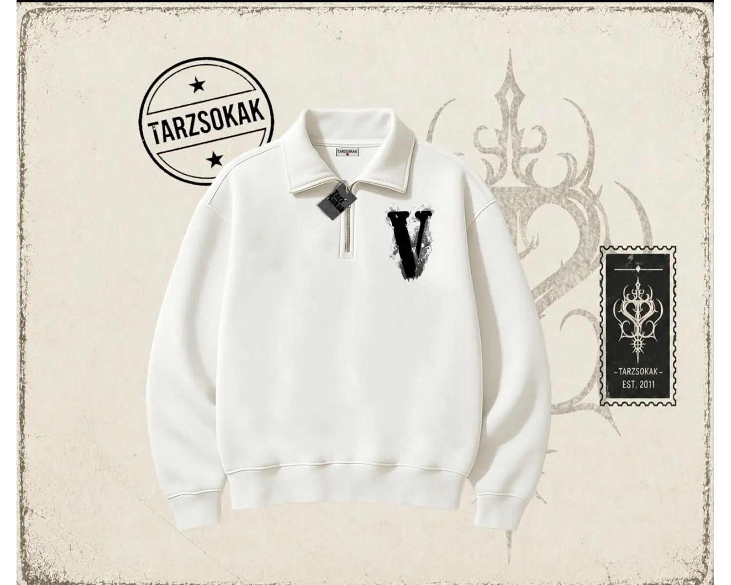 Unisex Vlone Unisex Polo Yaka Yarım Fermuarlı Sweatshirt Beyaz
