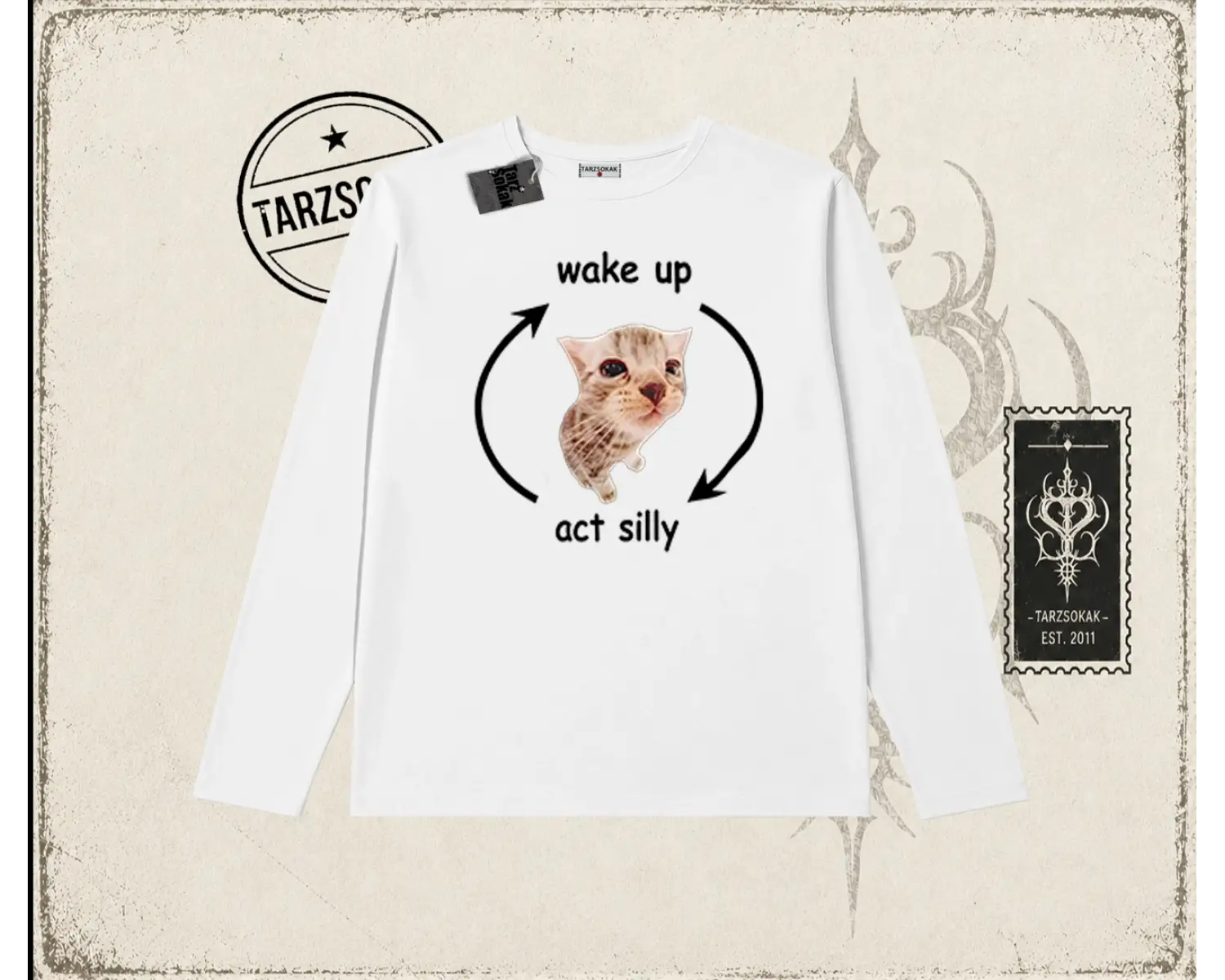 Unisex Wake up Act Silly Biskilet Yaka  Long Sleeve Beyaz