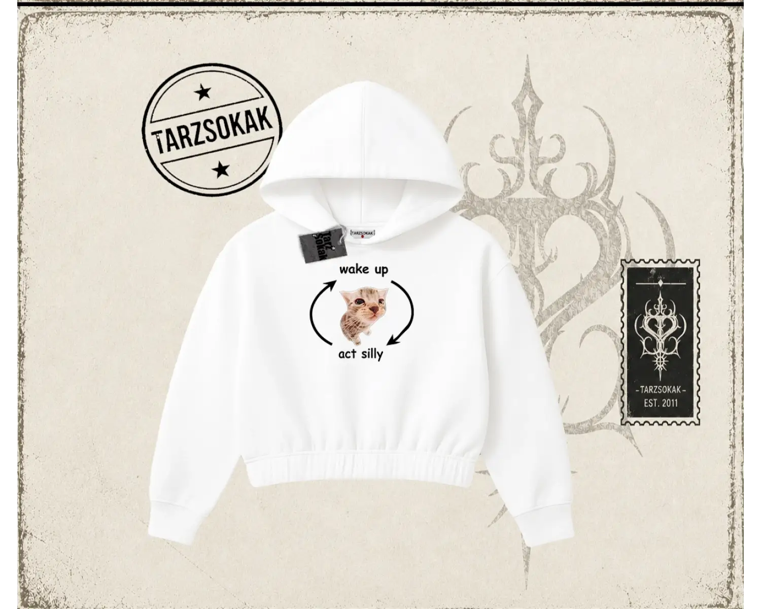 Unisex Wake up Act Silly Kadın Crop Kapşonlu Sweatshirt Beyaz