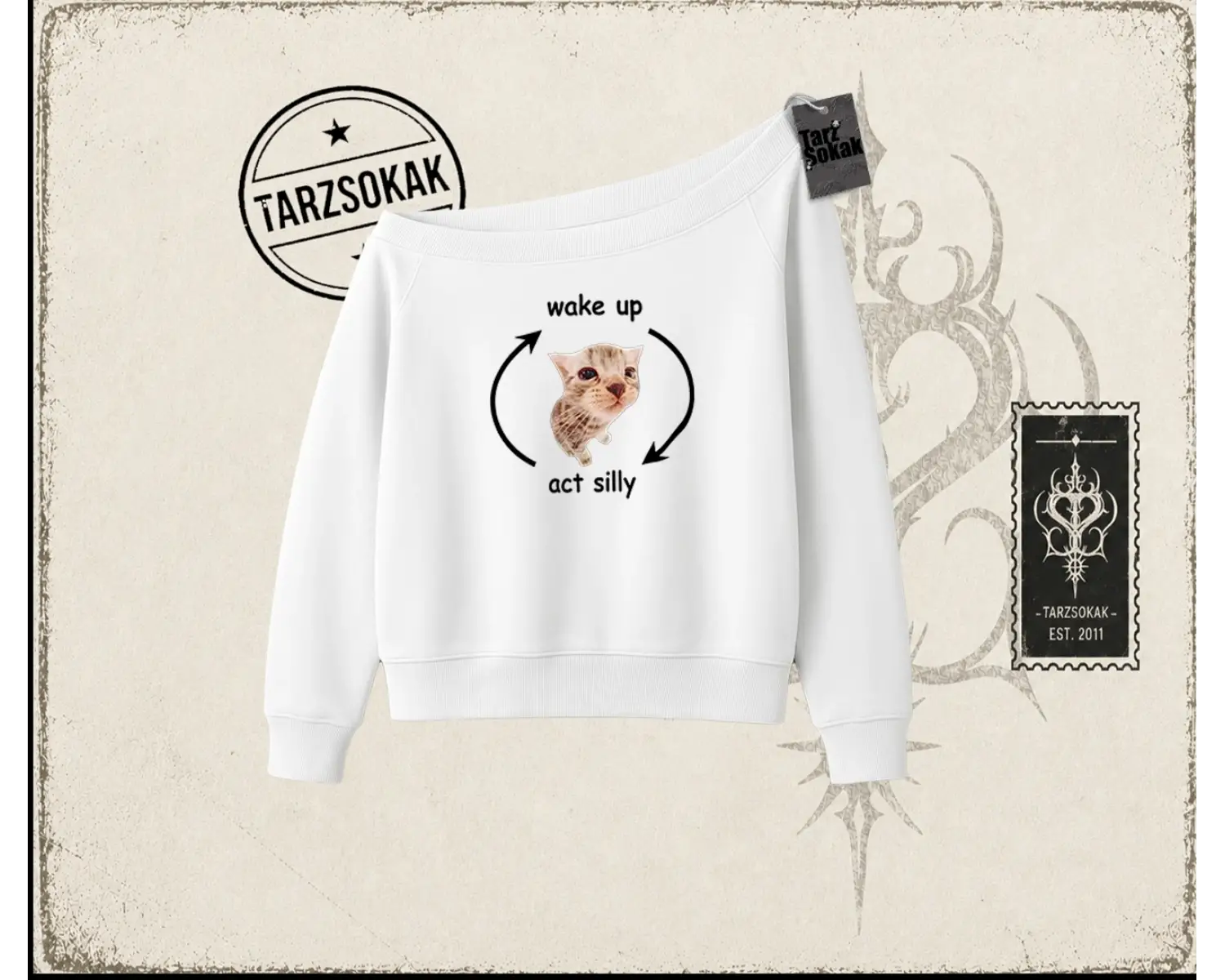 Unisex Wake up Act Silly Kadın Kayık Yaka Sweatshirt Beyaz