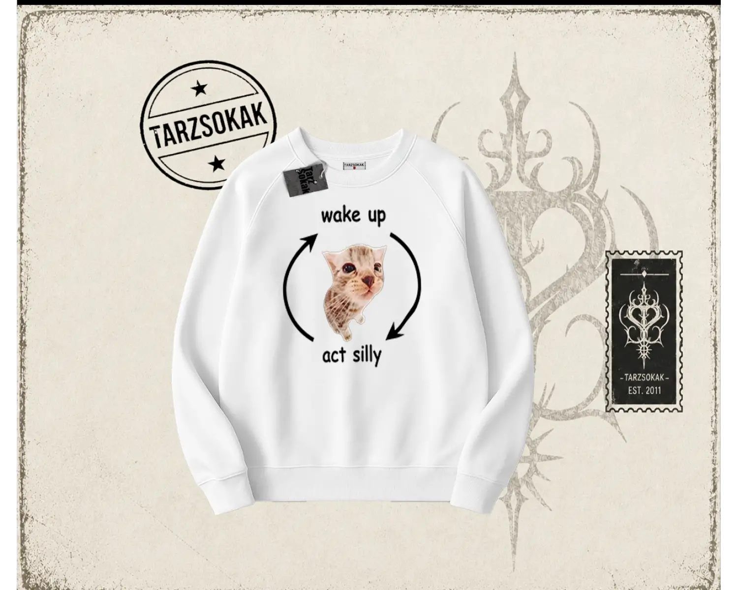 Unisex Wake up Act Silly Oversize Unisex Bisiklet Yaka Sweatshirt Beyaz