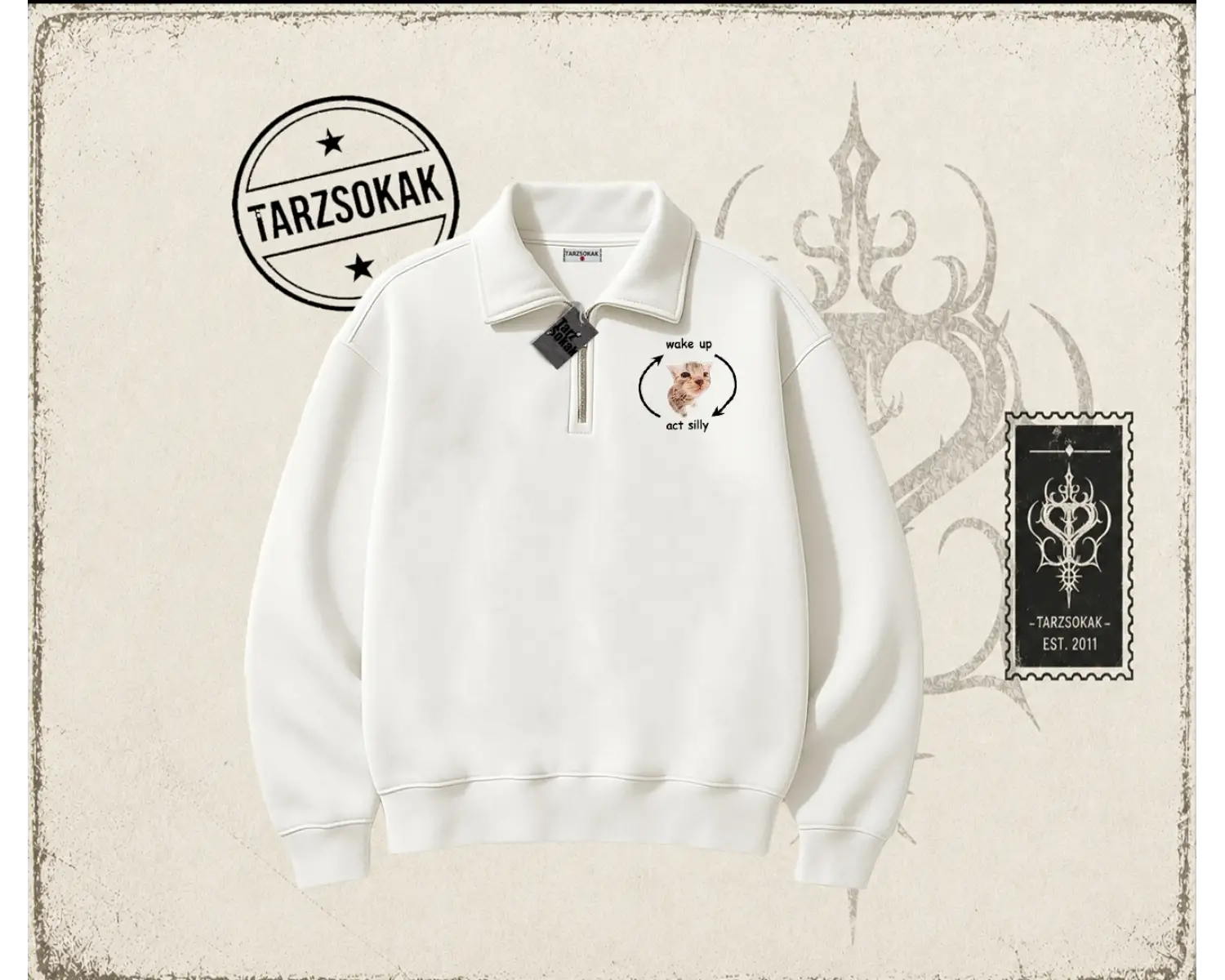 Unisex Wake up Act Silly Unisex Polo Yaka Yarım Fermuarlı Sweatshirt Beyaz