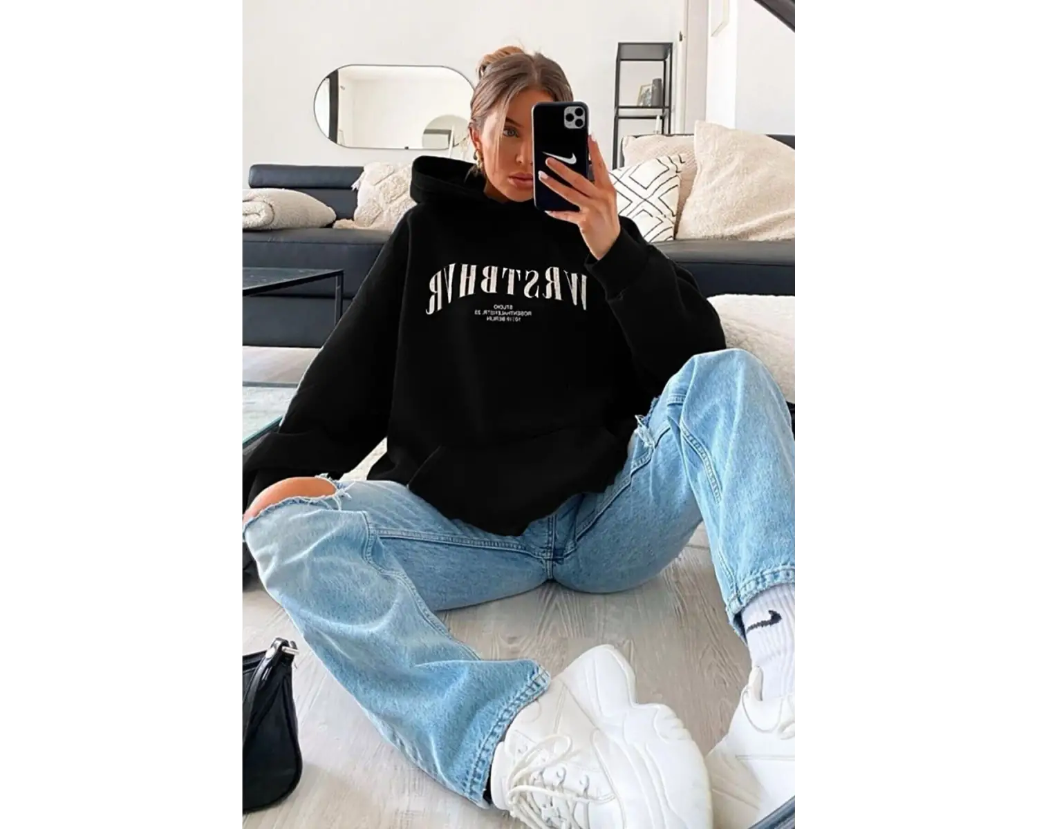 Unisex Wrstbhr Baskılı Oversize Kapüşonlu Sweatshirt Siyah