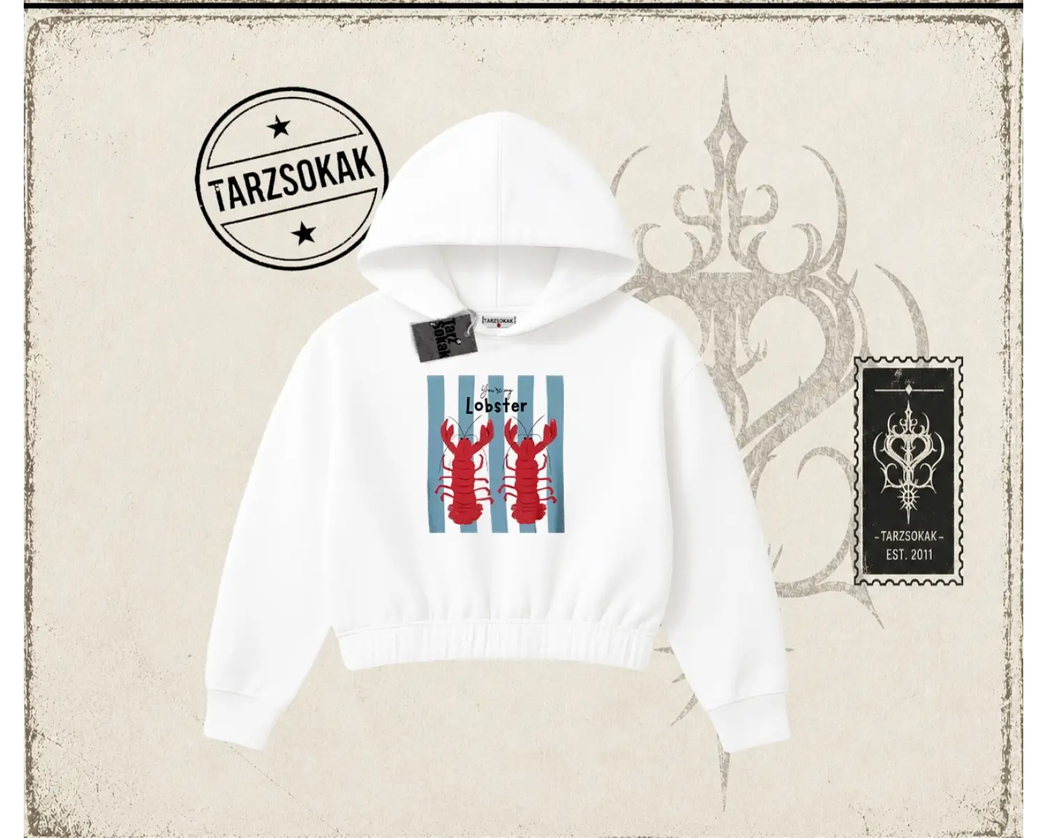 Unisex You are My Lobster Kadın Crop Kapşonlu Sweatshirt Beyaz