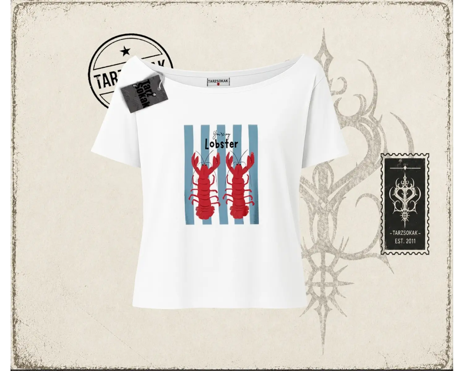 Unisex You are My Lobster Kadın Kayık Yaka Tişört Beyaz