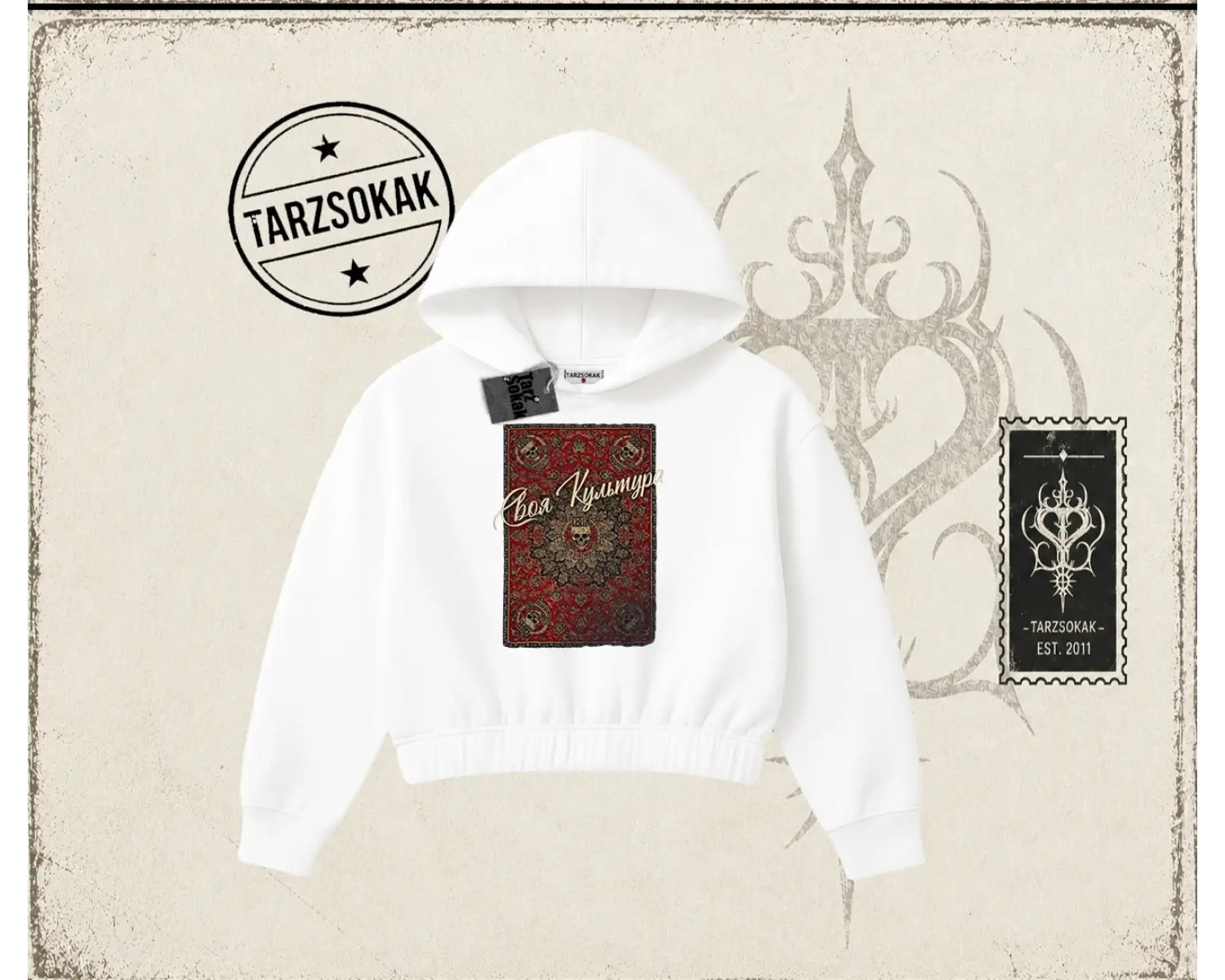 Unisex Your Culture Carpet Kadın Crop Kapşonlu Sweatshirt Beyaz