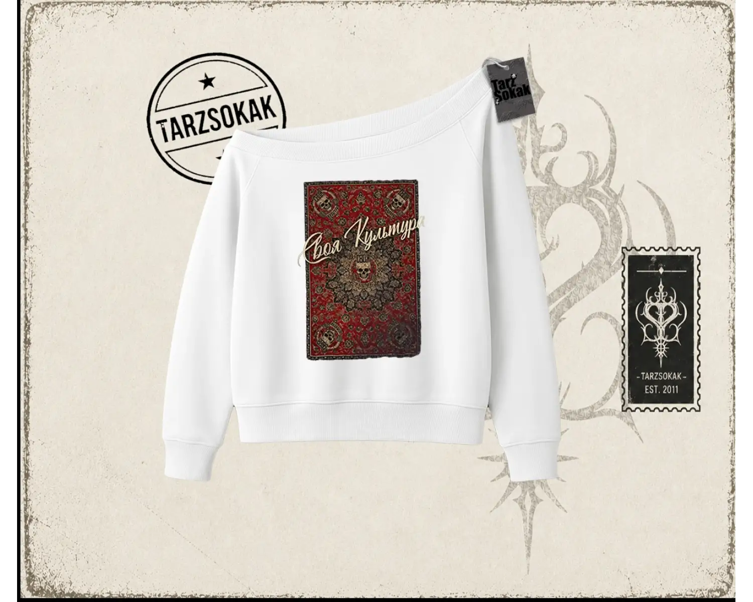 Unisex Your Culture Carpet Kadın Kayık Yaka Sweatshirt Beyaz