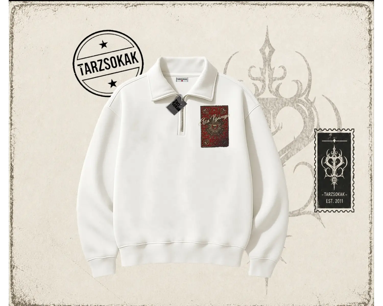 Unisex Your Culture Carpet Unisex Polo Yaka Yarım Fermuarlı Sweatshirt Beyaz