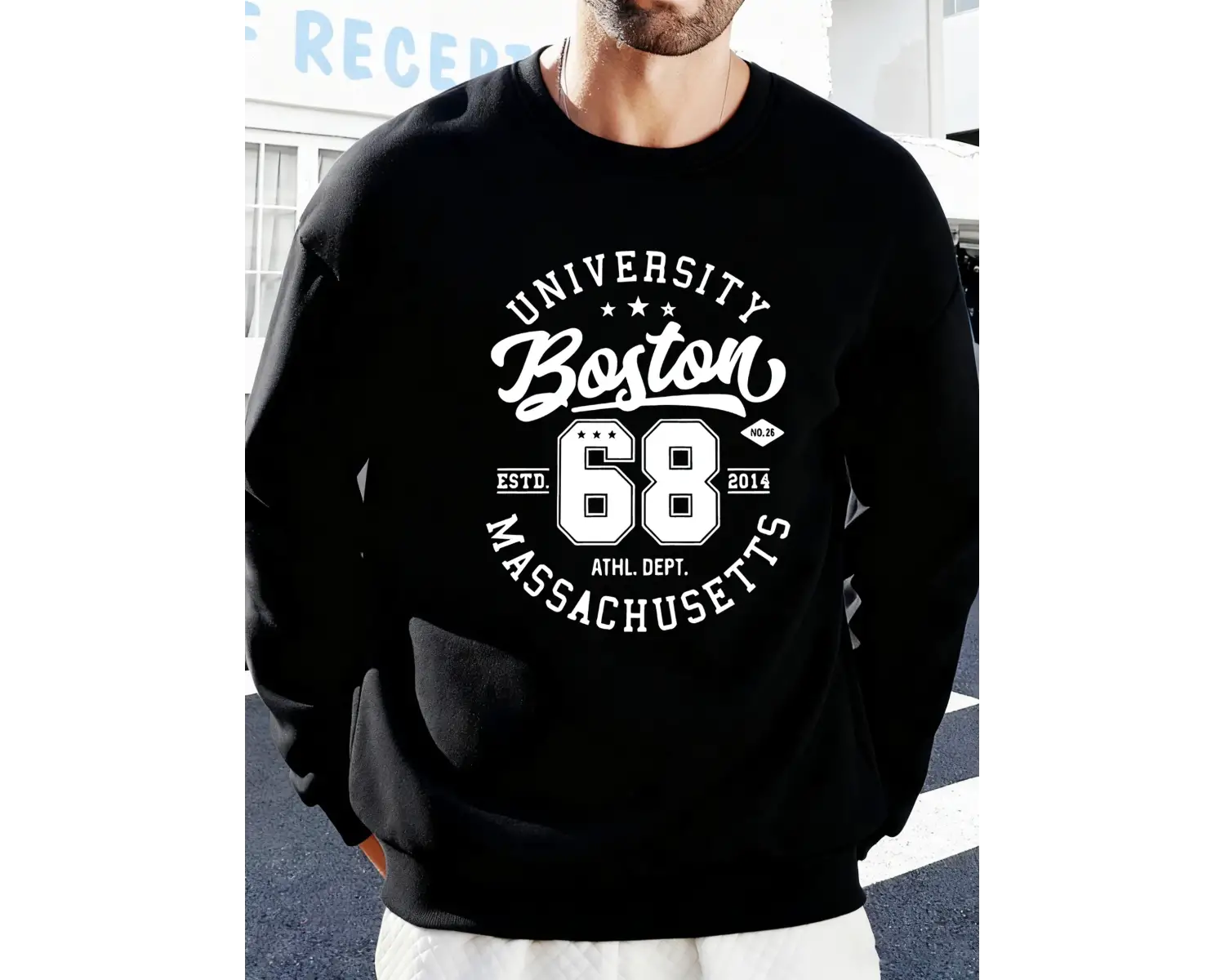 Üniversite Boston Massachusetts Baskılı Erkek Tişörtü Spor Bol Giysiler Yumuşak Rahat Kazakla