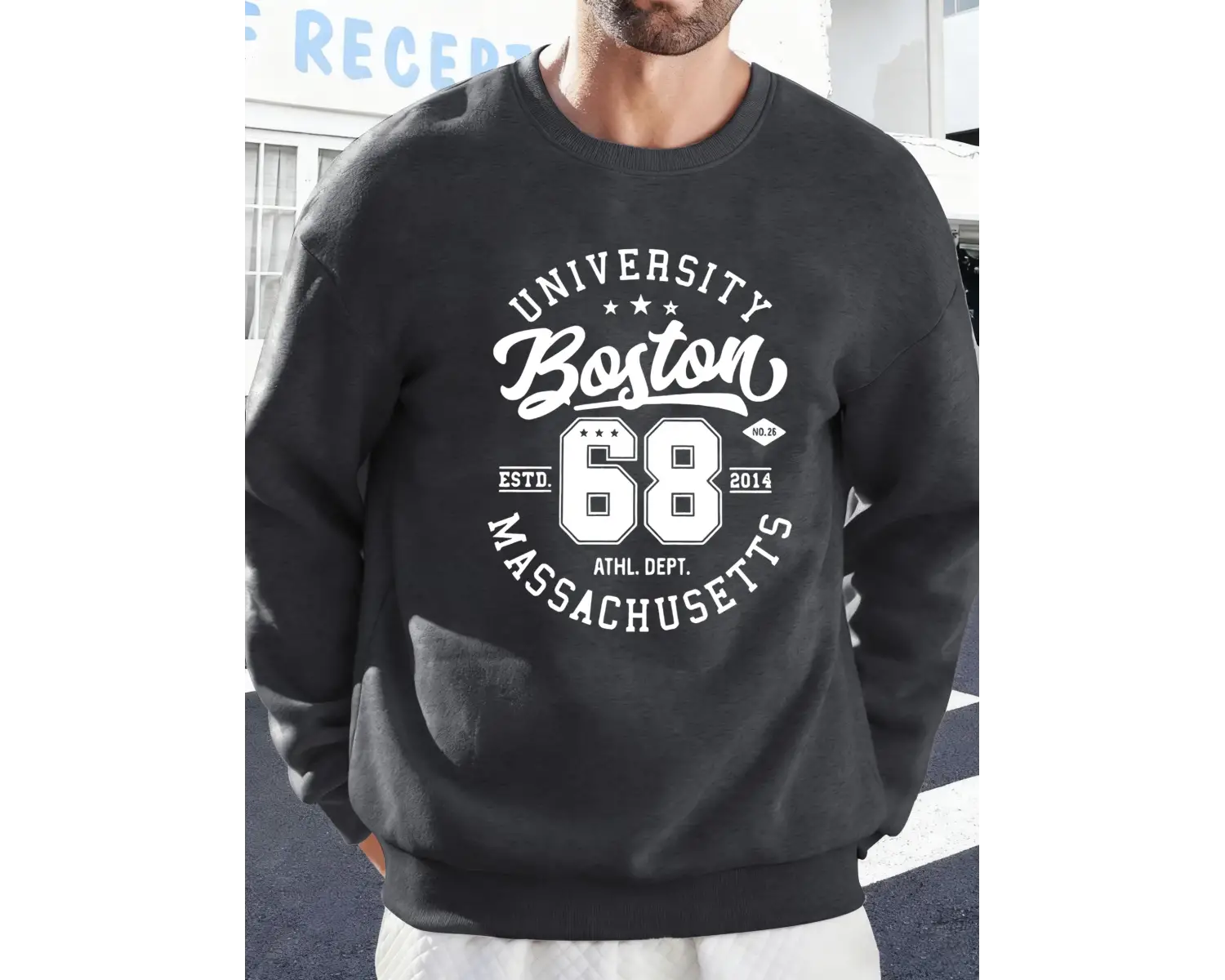 Üniversite Boston Massachusetts Baskılı Erkek Tişörtü Spor Bol Giysiler Yumuşak Rahat Kazakla