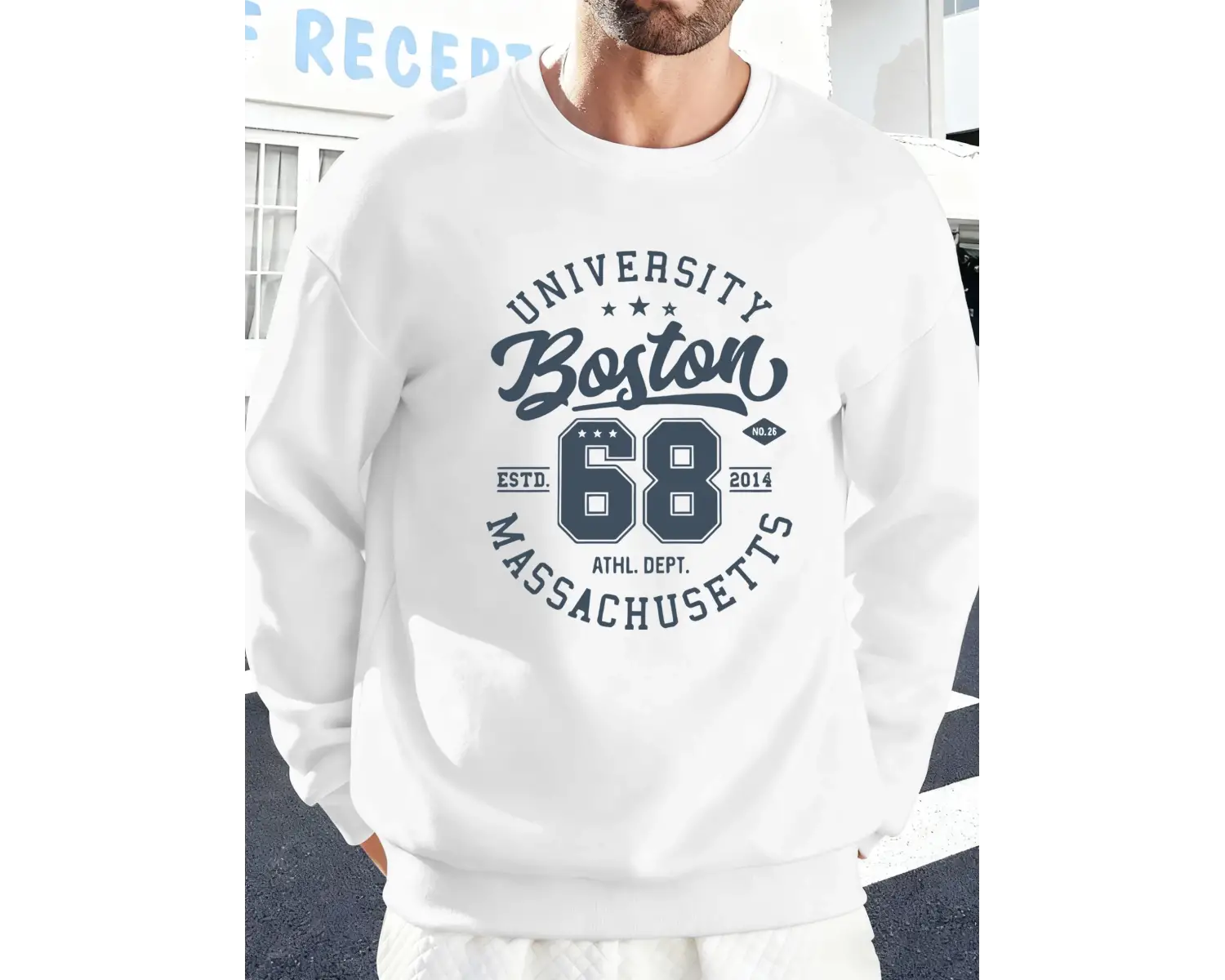 Üniversite Boston Massachusetts Baskılı Erkek Tişörtü Spor Bol Giysiler Yumuşak Rahat Kazakla