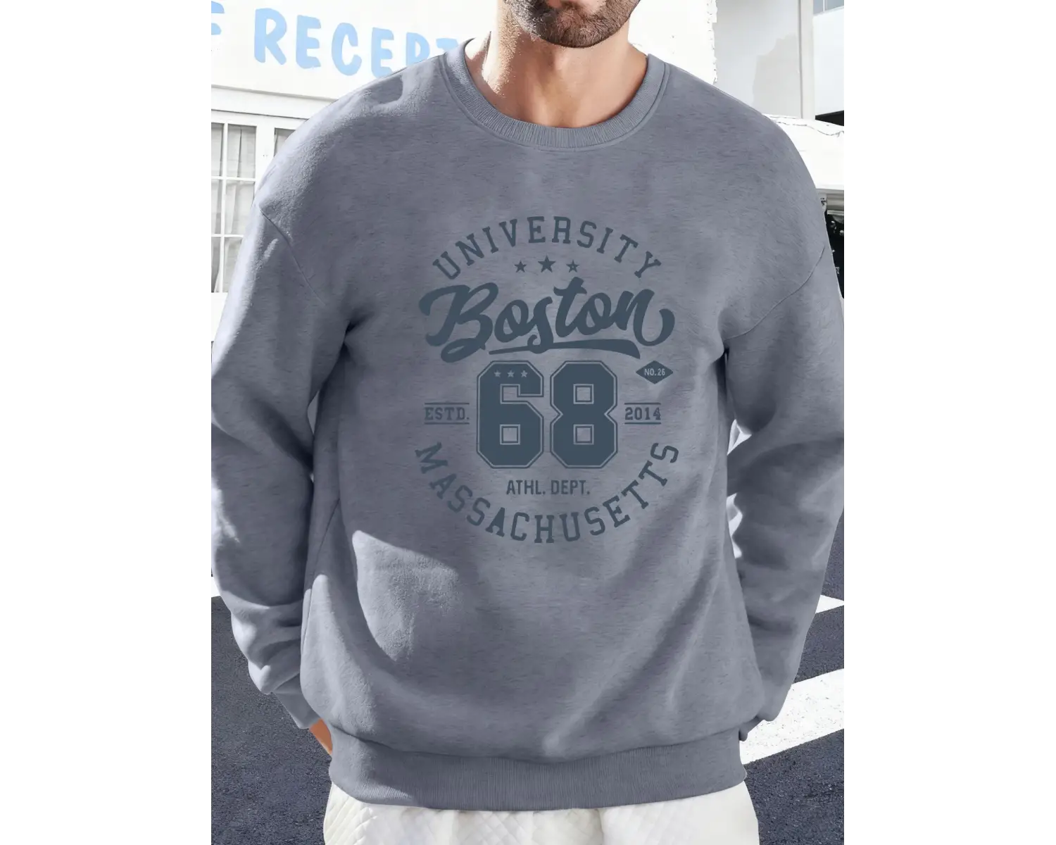 Üniversite Boston Massachusetts Baskılı Erkek Tişörtü Spor Bol Giysiler Yumuşak Rahat Kazakla