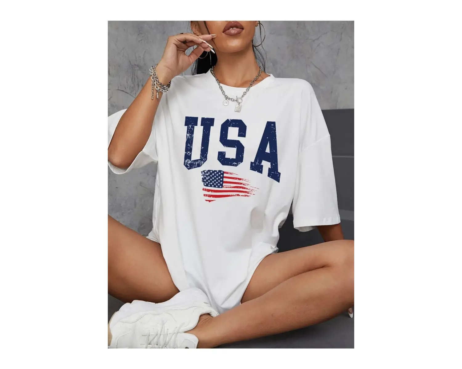 Usa Flag Baskılı Beyaz Oversize Tişört