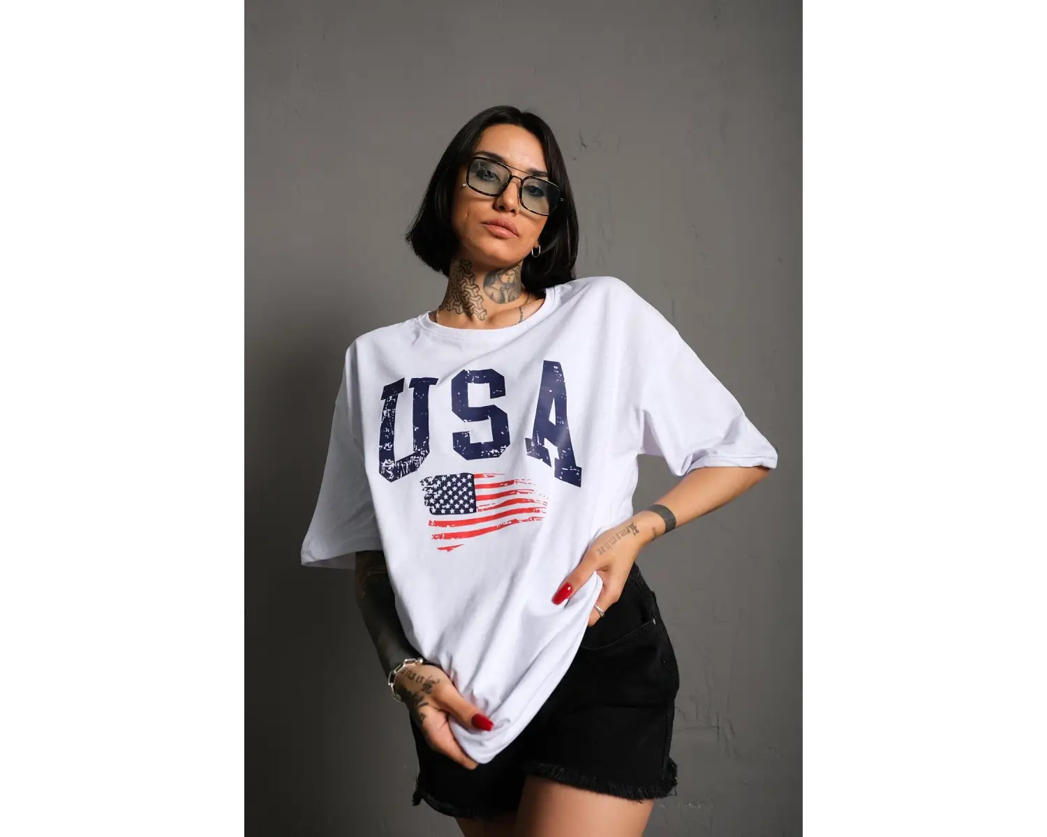 Usa Flag Baskılı Beyaz Oversize Tişört