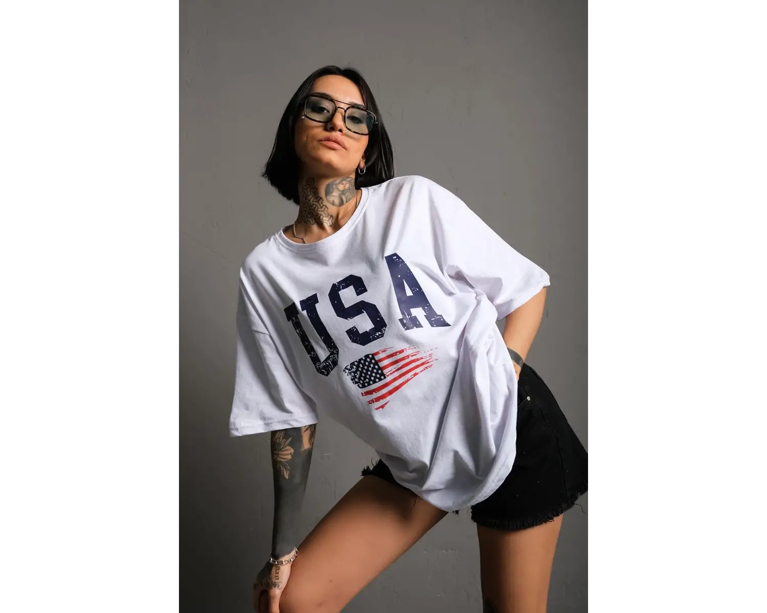 Usa Flag Baskılı Beyaz Oversize Tişört
