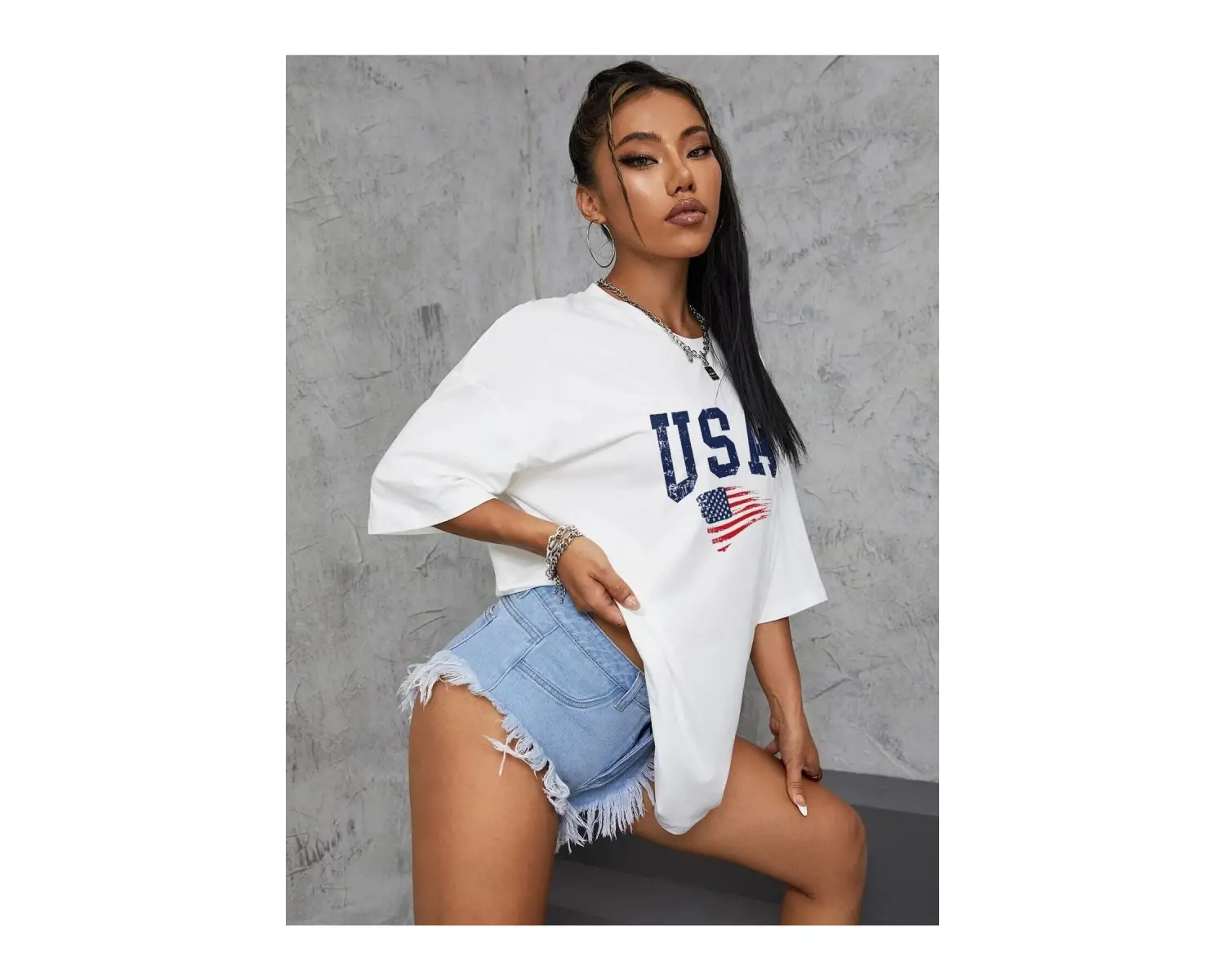 Usa Flag Baskılı Beyaz Oversize Tişört