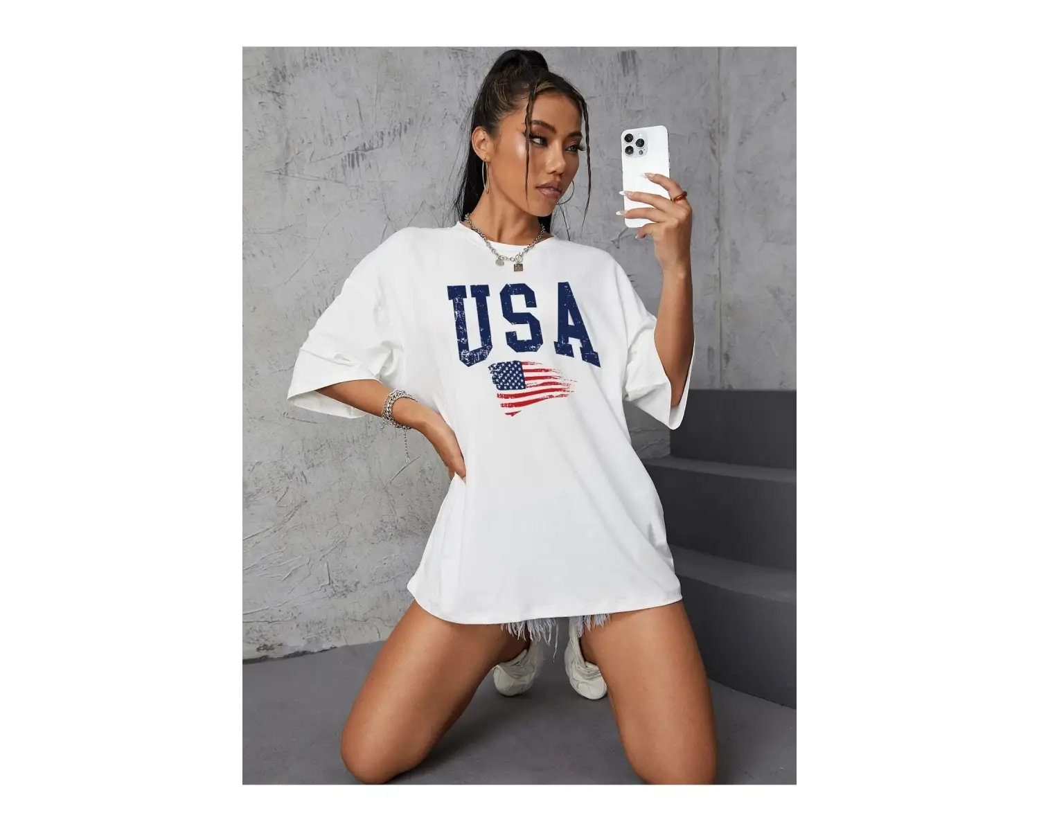 Usa Flag Baskılı Beyaz Oversize Tişört