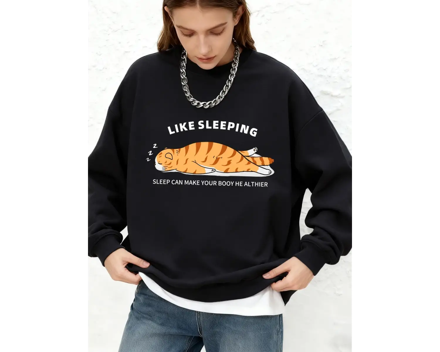 Uyuyan Kedi Baskılı Kapüşonlu Üstler Kadınlar İçin Kışlık Uzun Kollu Yuvarlak Yaka Sweatshirt