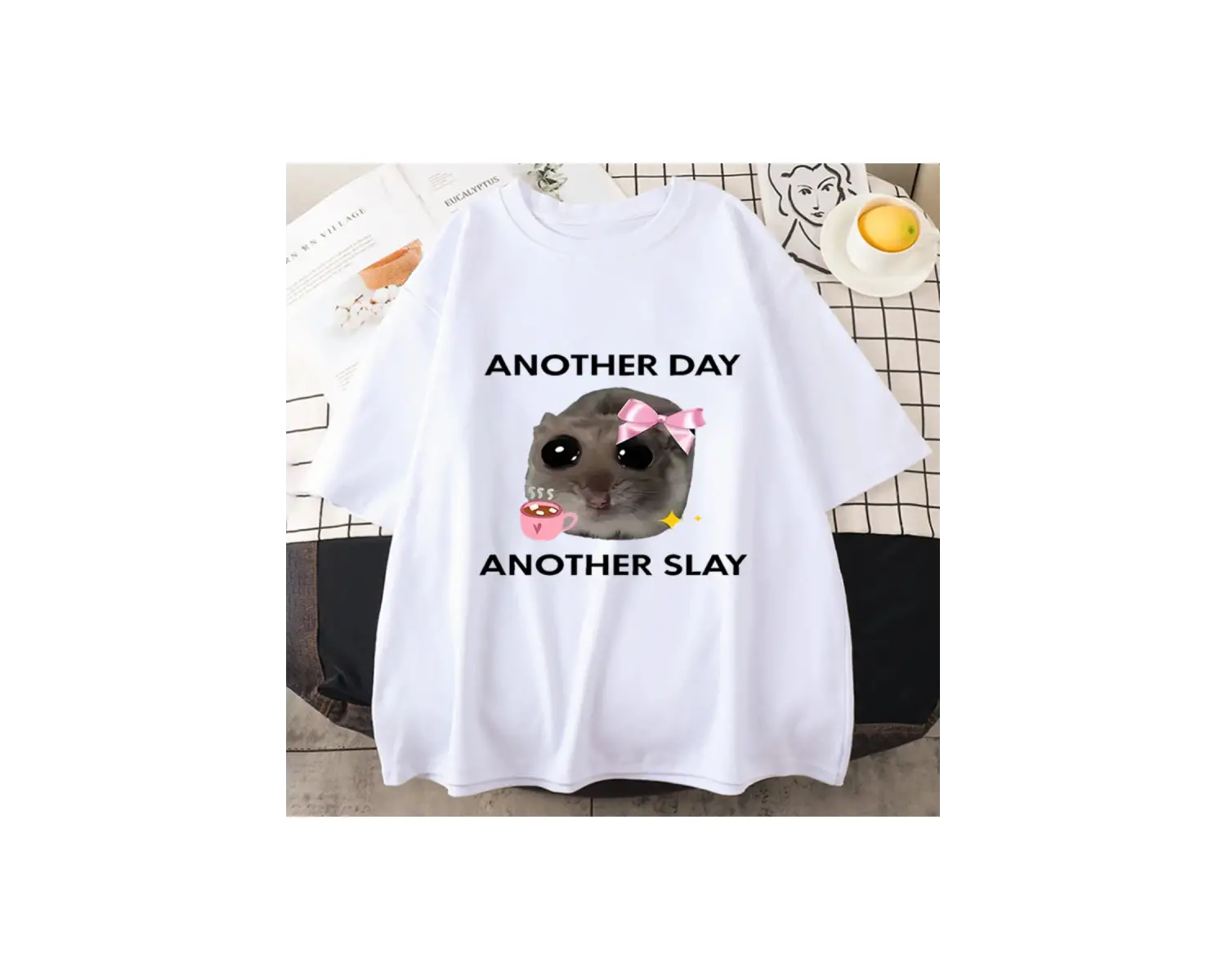 Üzgün Hamster başka bir gün Slay komik grafict-pamuk Kawaii Tshirt erkekler kadın bask