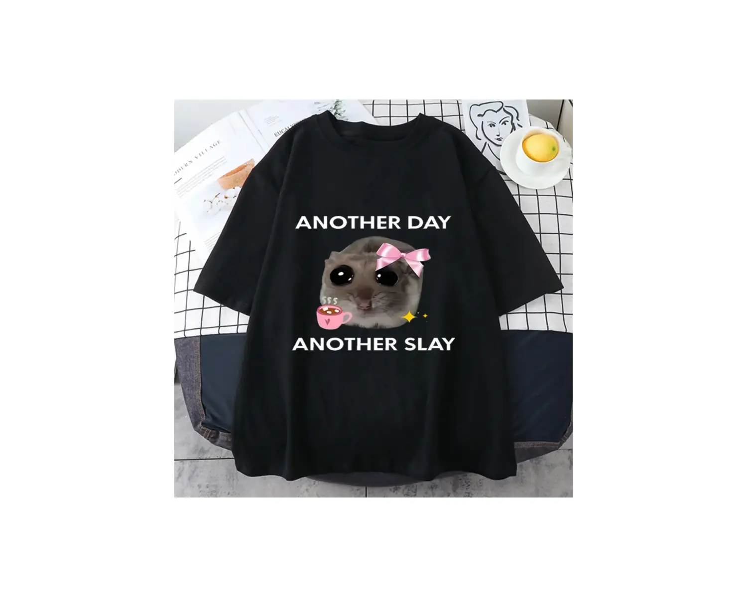 Üzgün Hamster başka bir gün Slay komik grafict-pamuk Kawaii Tshirt erkekler kadın bask