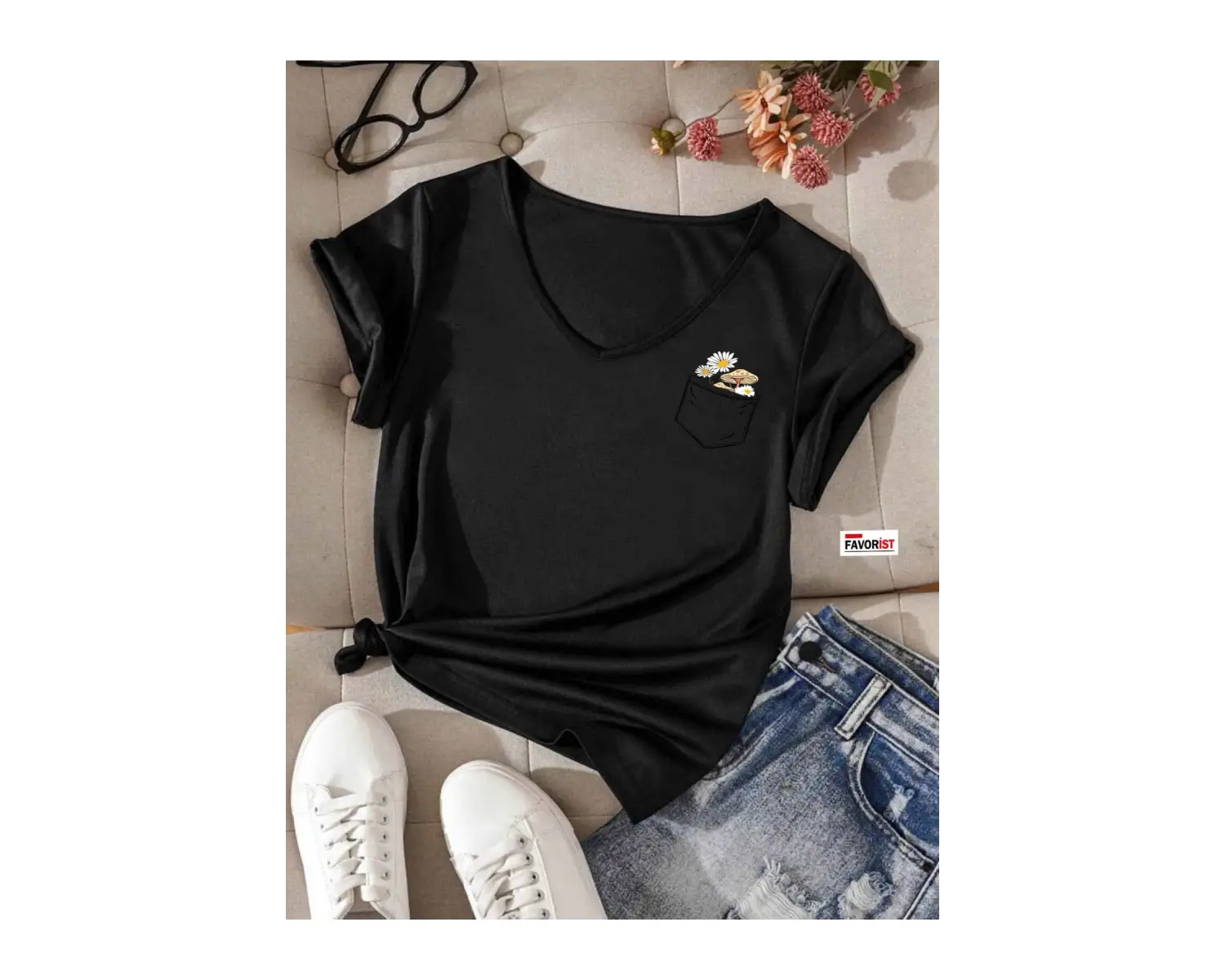 V Yaka Basic Çiçek Baskılı Pamuklu Tshirt (normal