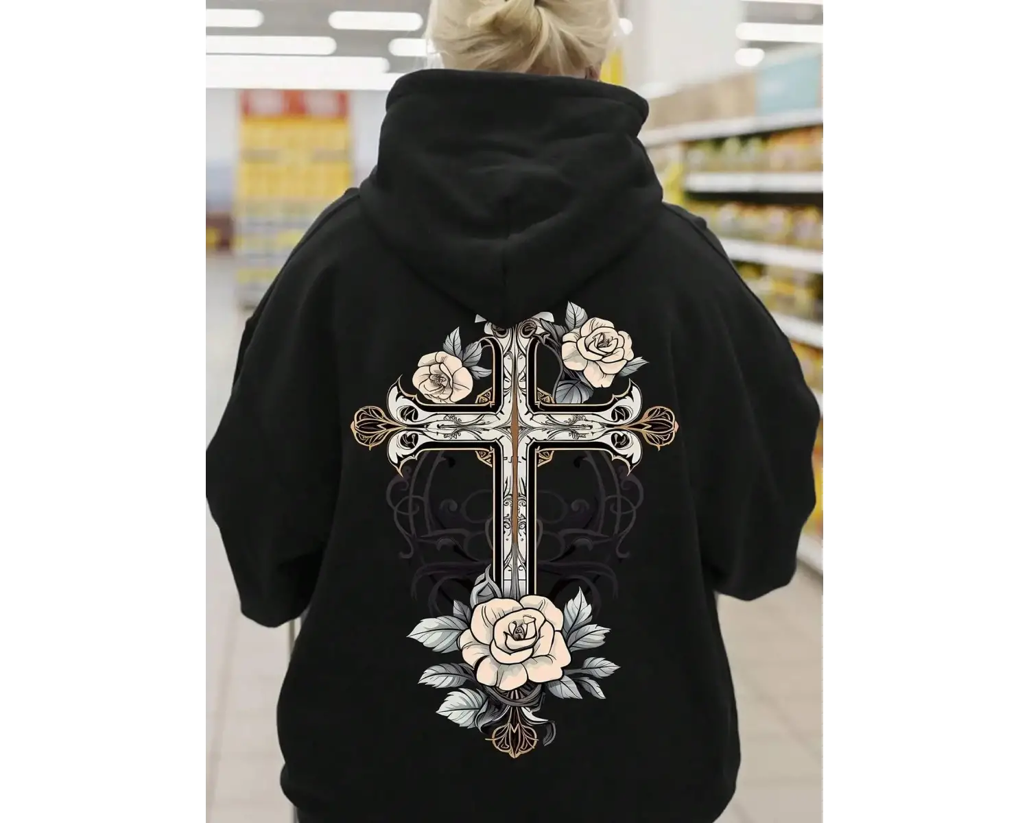 Vintage çiçek çapraz baskılı Hoodies sokak kadın tişörtü rahat Pullover kazak gevşek polar ka