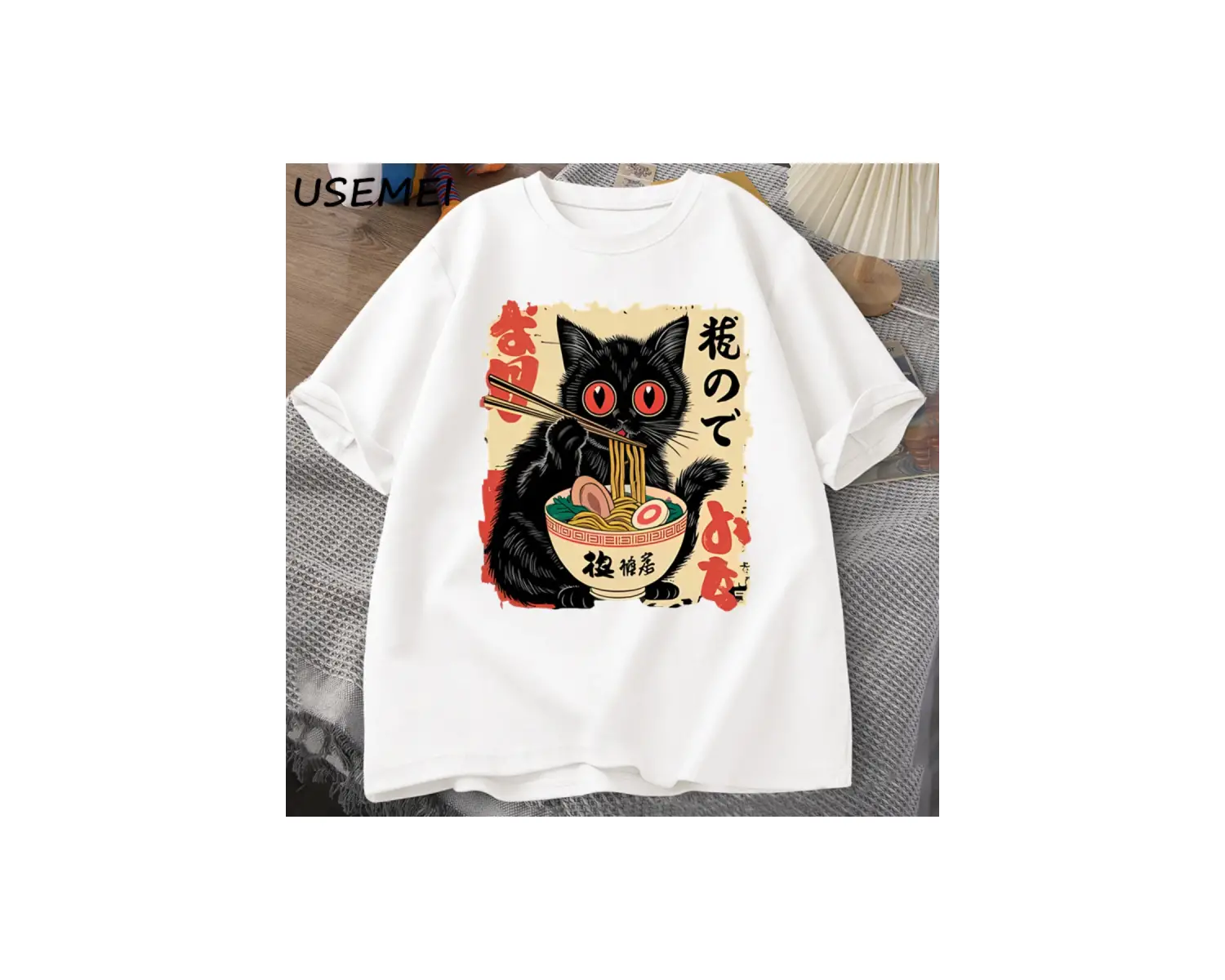 Vintage Japon Siyah Kedi Ramen T Shirt Sevimli Grafik Tee Komik Kedi Yeme Ramen T-Shirt Baskı 2828
