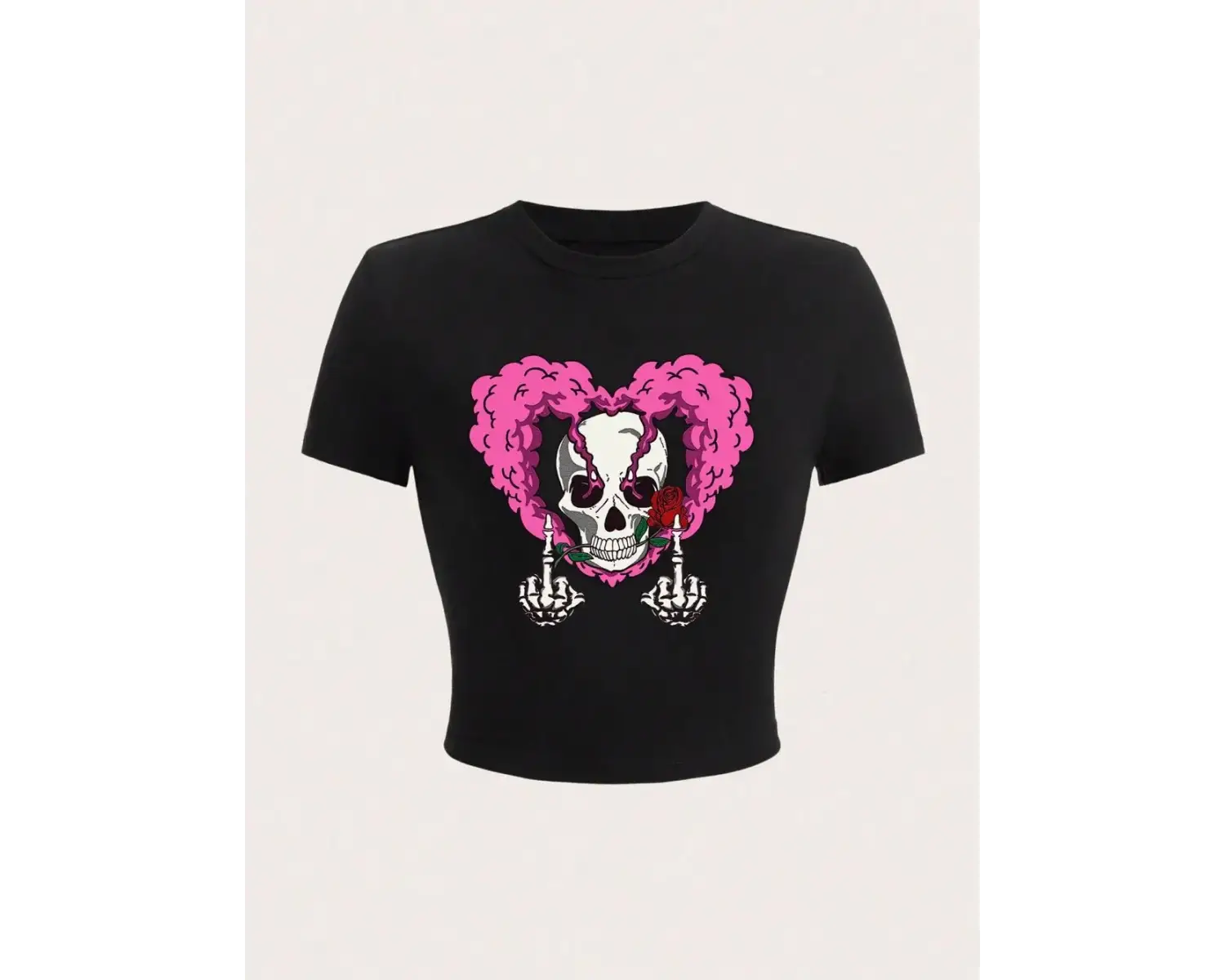 Vintage pembe kalp kafatası tasarım baskı kırpma üst yaz moda sokak kadın T-Shirt streç yumuş