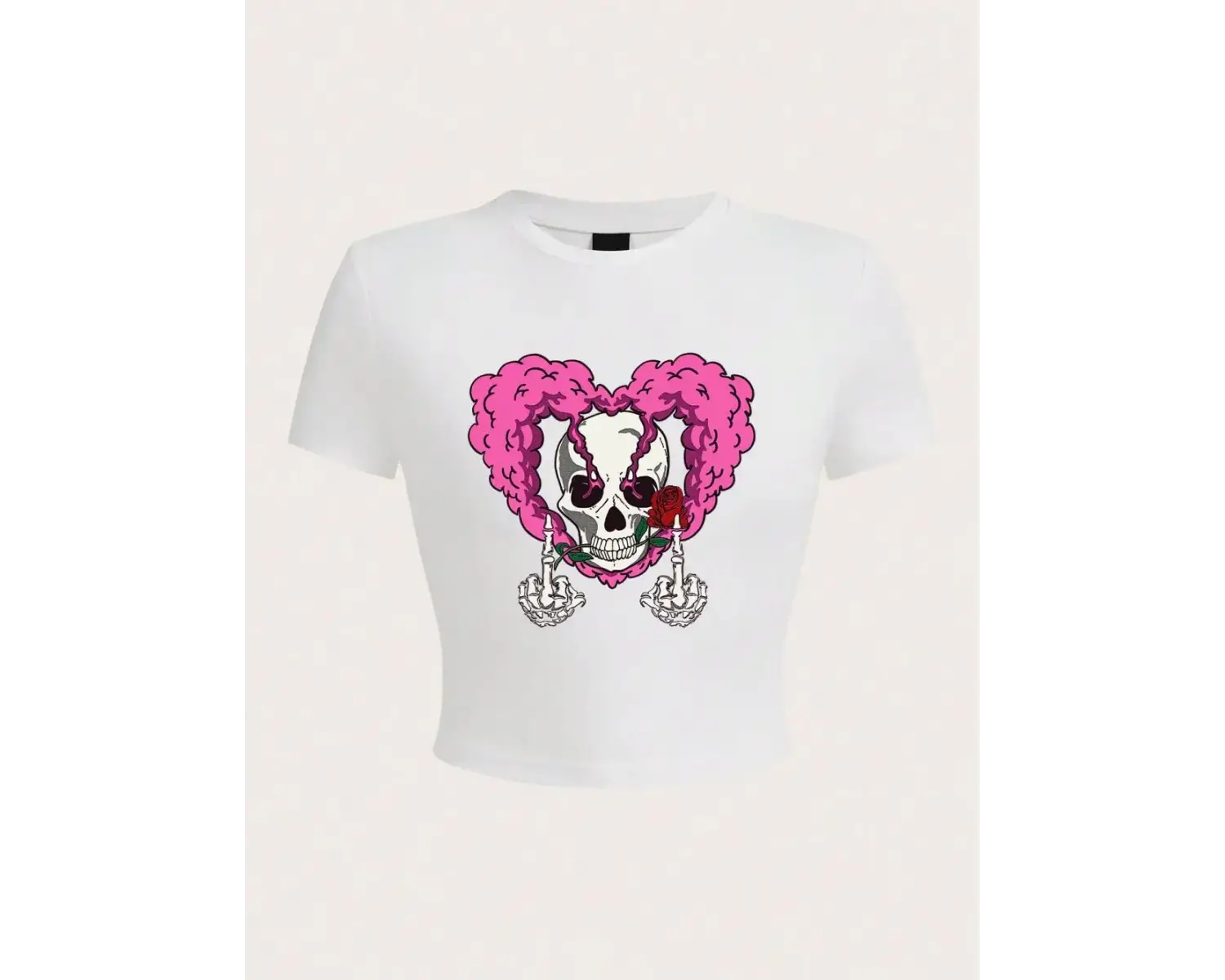 Vintage pembe kalp kafatası tasarım baskı kırpma üst yaz moda sokak kadın T-Shirt streç yumuş