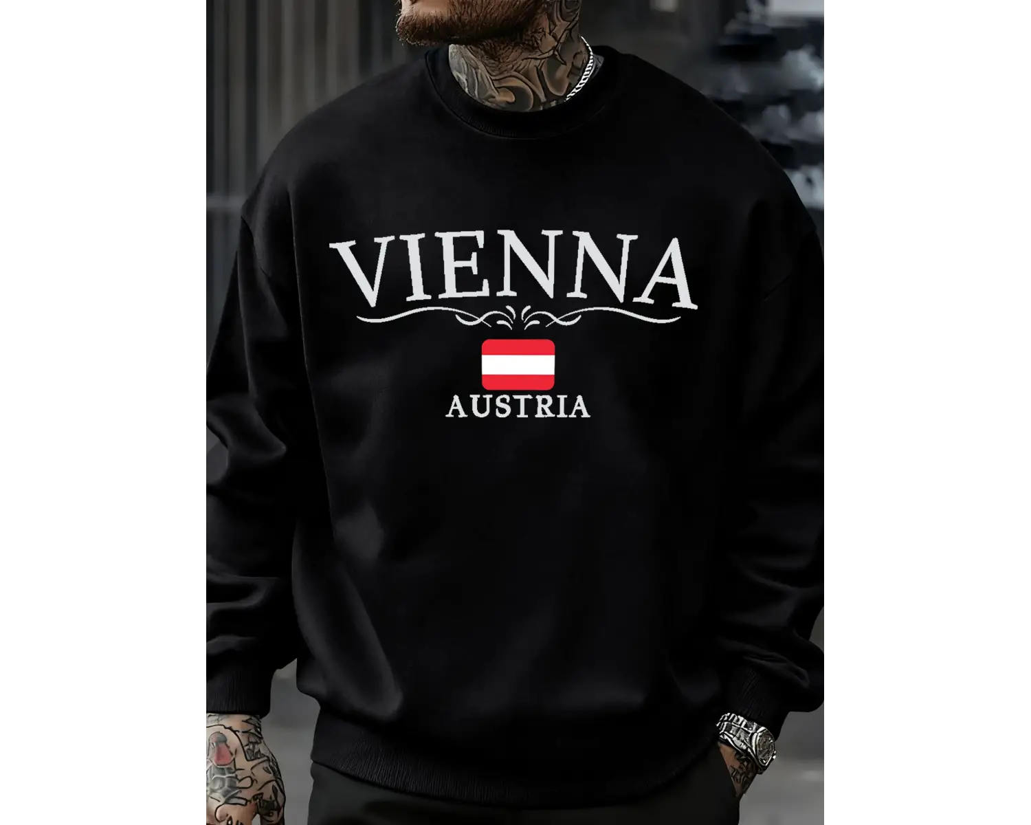 Viyana avusturya bayrağı baskılı erkek tişörtü o-boyun rahat kazaklar sonbahar polar bol giys