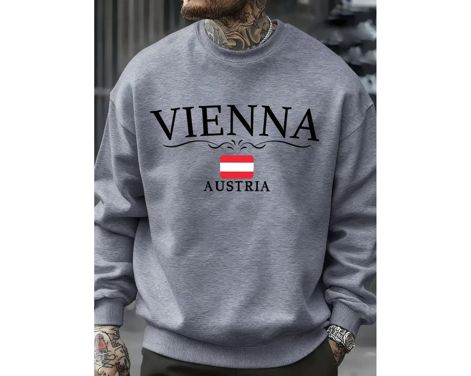 Viyana avusturya bayrağı baskılı erkek tişörtü o-boyun rahat kazaklar sonbahar polar bol giys