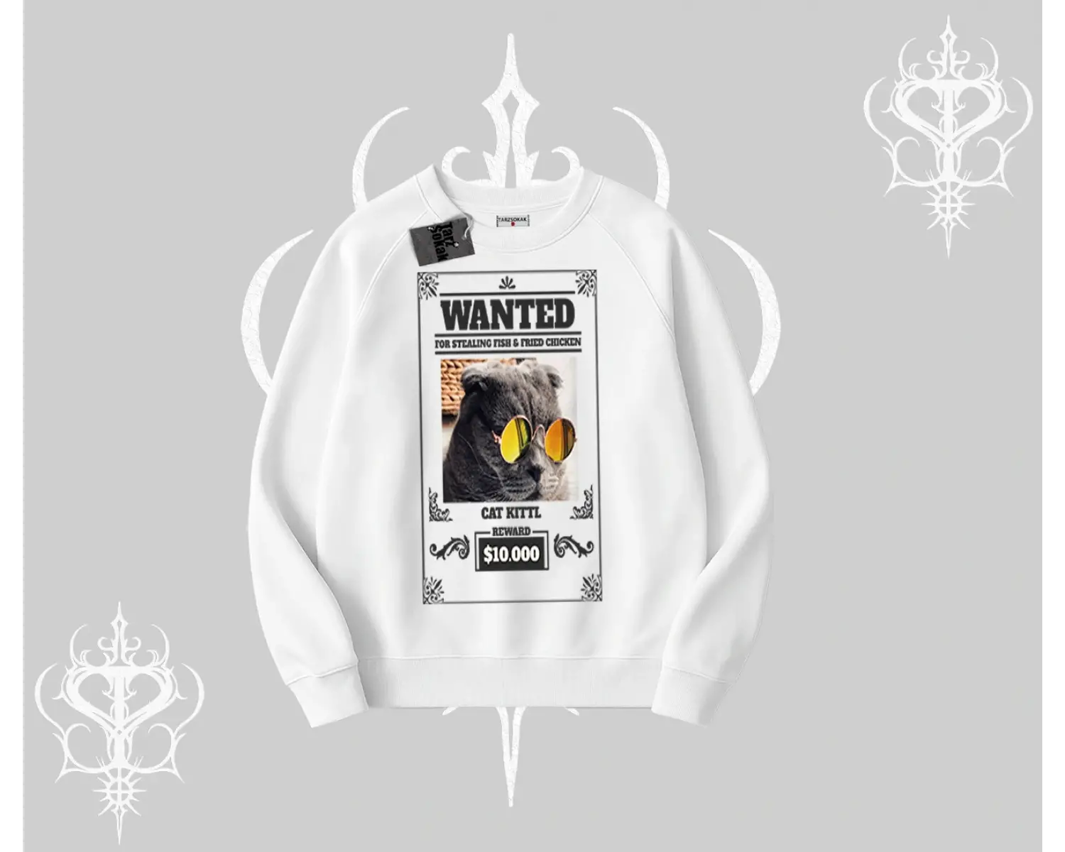 Wanted Temalı Kedi Baskılı Biskilet Sweatshirt