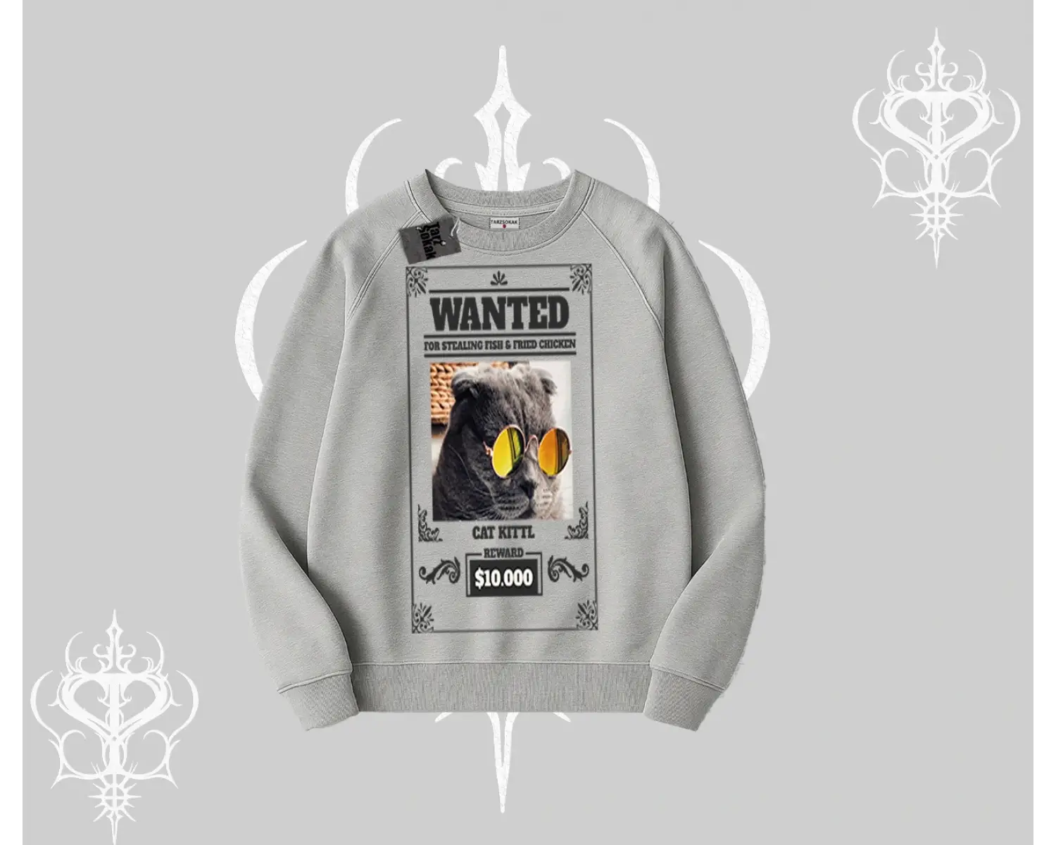Wanted Temalı Kedi Baskılı Biskilet Sweatshirt