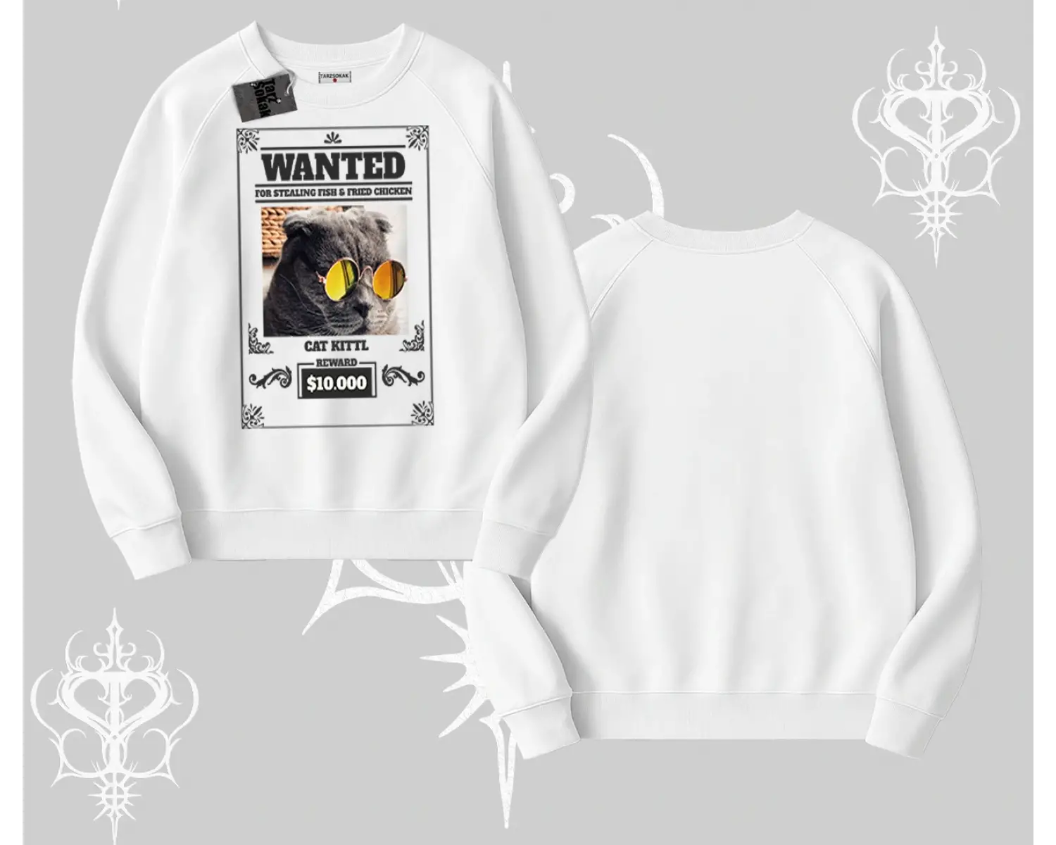 Wanted Temalı Kedi Baskılı Biskilet Sweatshirt