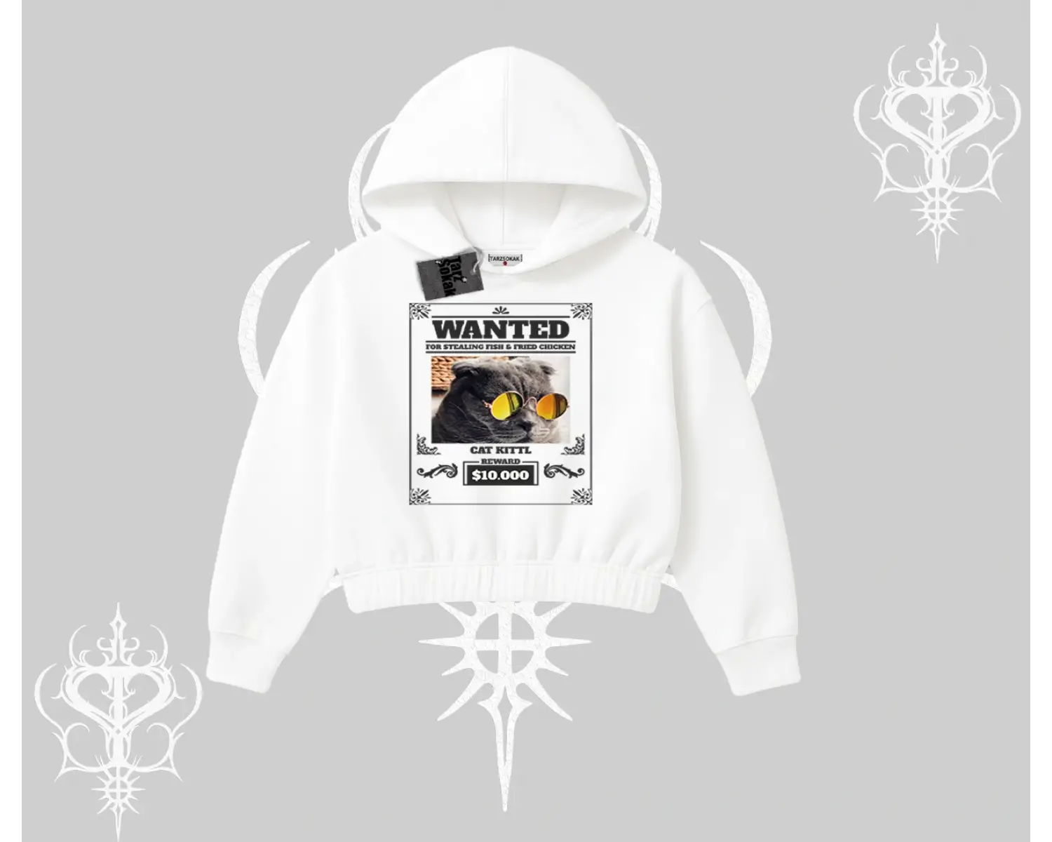 Wanted Temalı Kedi Baskılı Kapşonlu Crop Sweatshirt