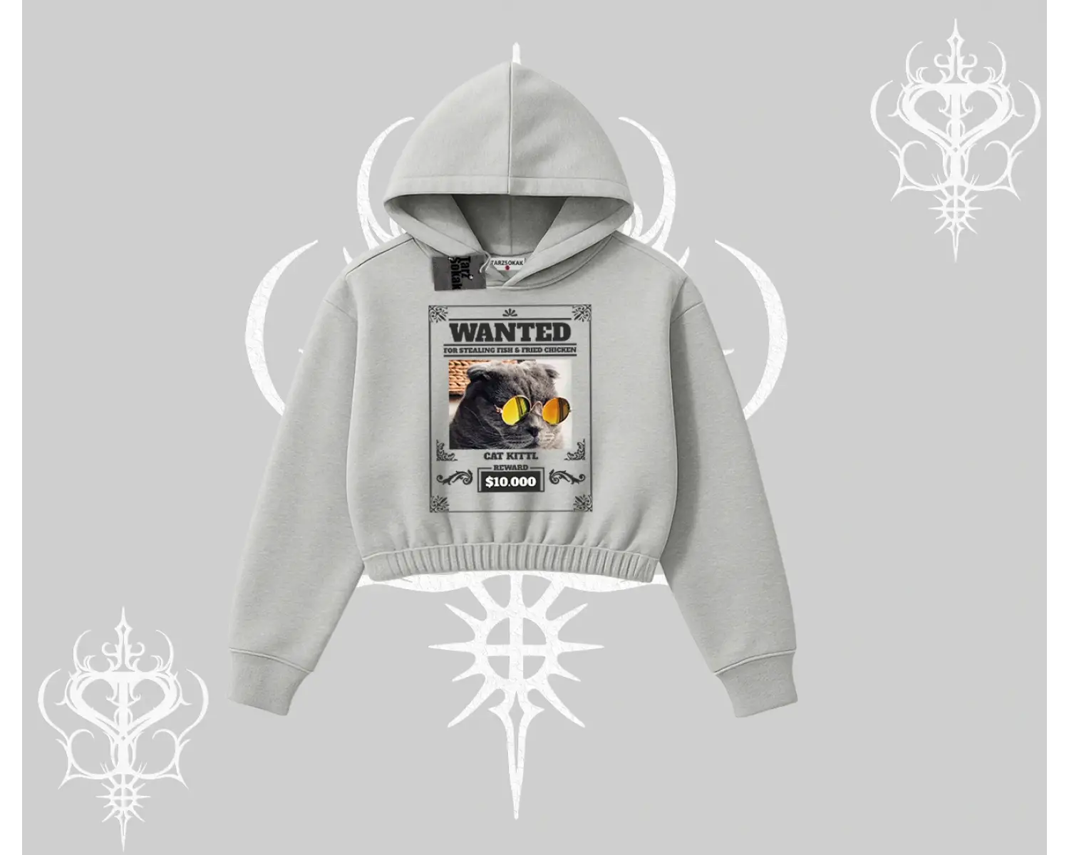 Wanted Temalı Kedi Baskılı Kapşonlu Crop Sweatshirt
