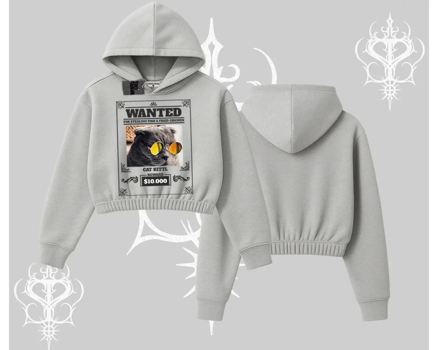 Wanted Temalı Kedi Baskılı Kapşonlu Crop Sweatshirt
