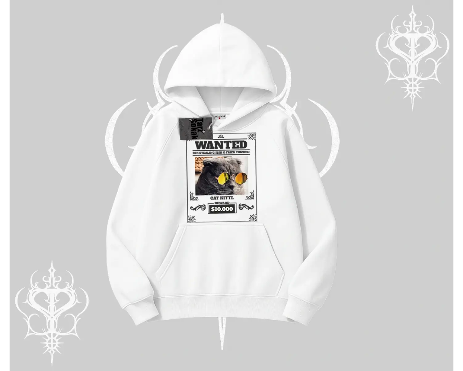 Wanted Temalı Kedi Baskılı Kapşonlu Sweatshirt